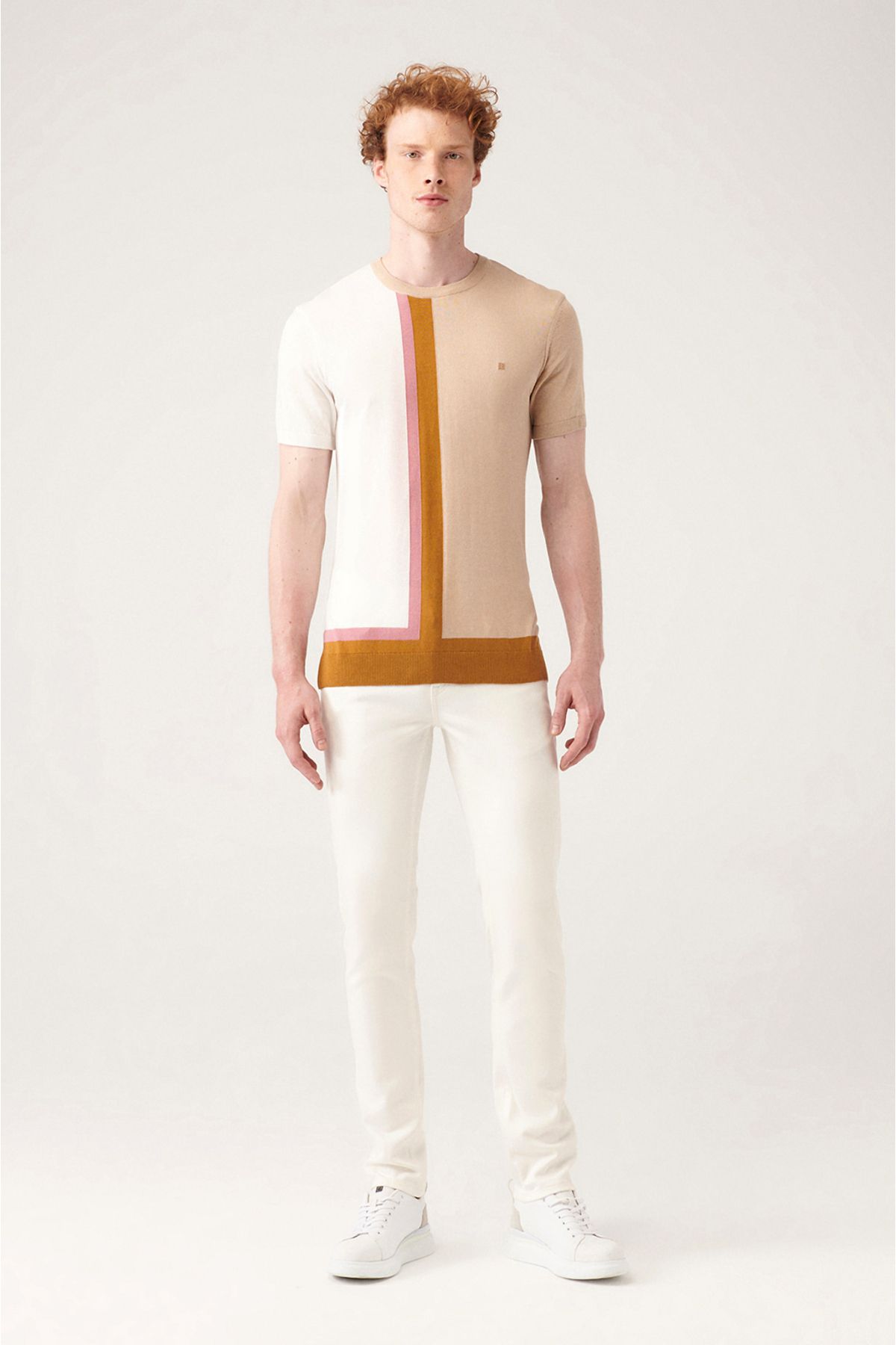 Men's Beige Bike Collar Color Bloc Triko T-Shirt A31y5019