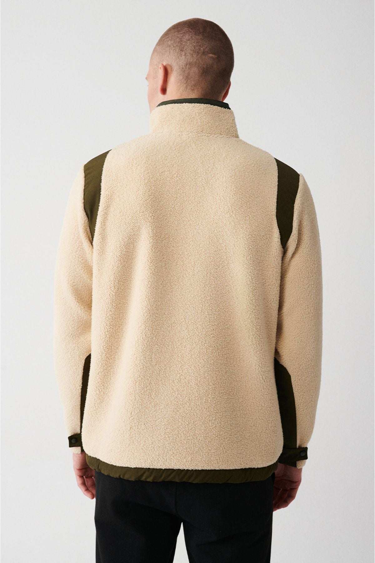 Men's beige half -zipper upright collar plush sweatshirt a32y1221