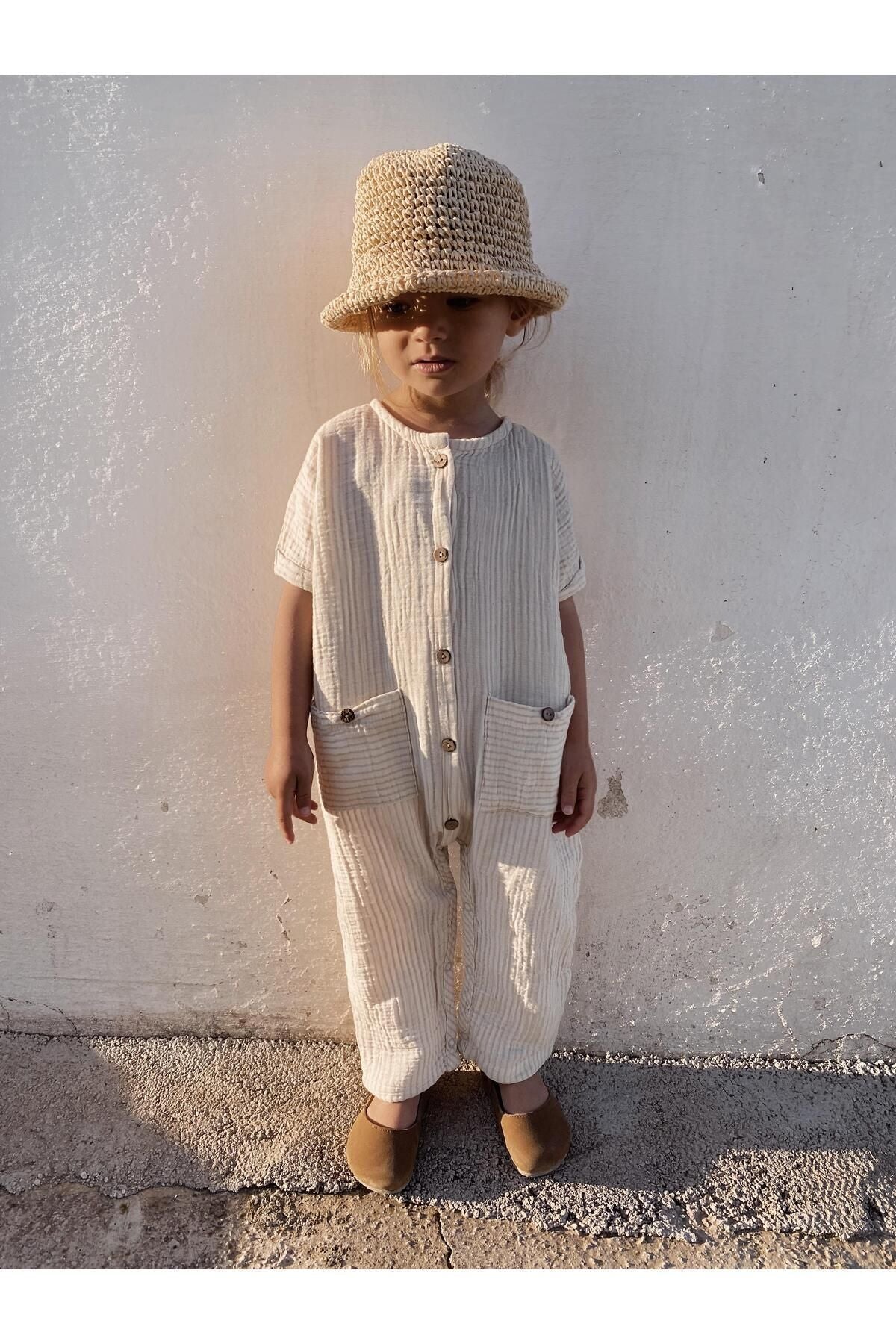 Striped muslin pocket jumpsuit 0-3 years beige