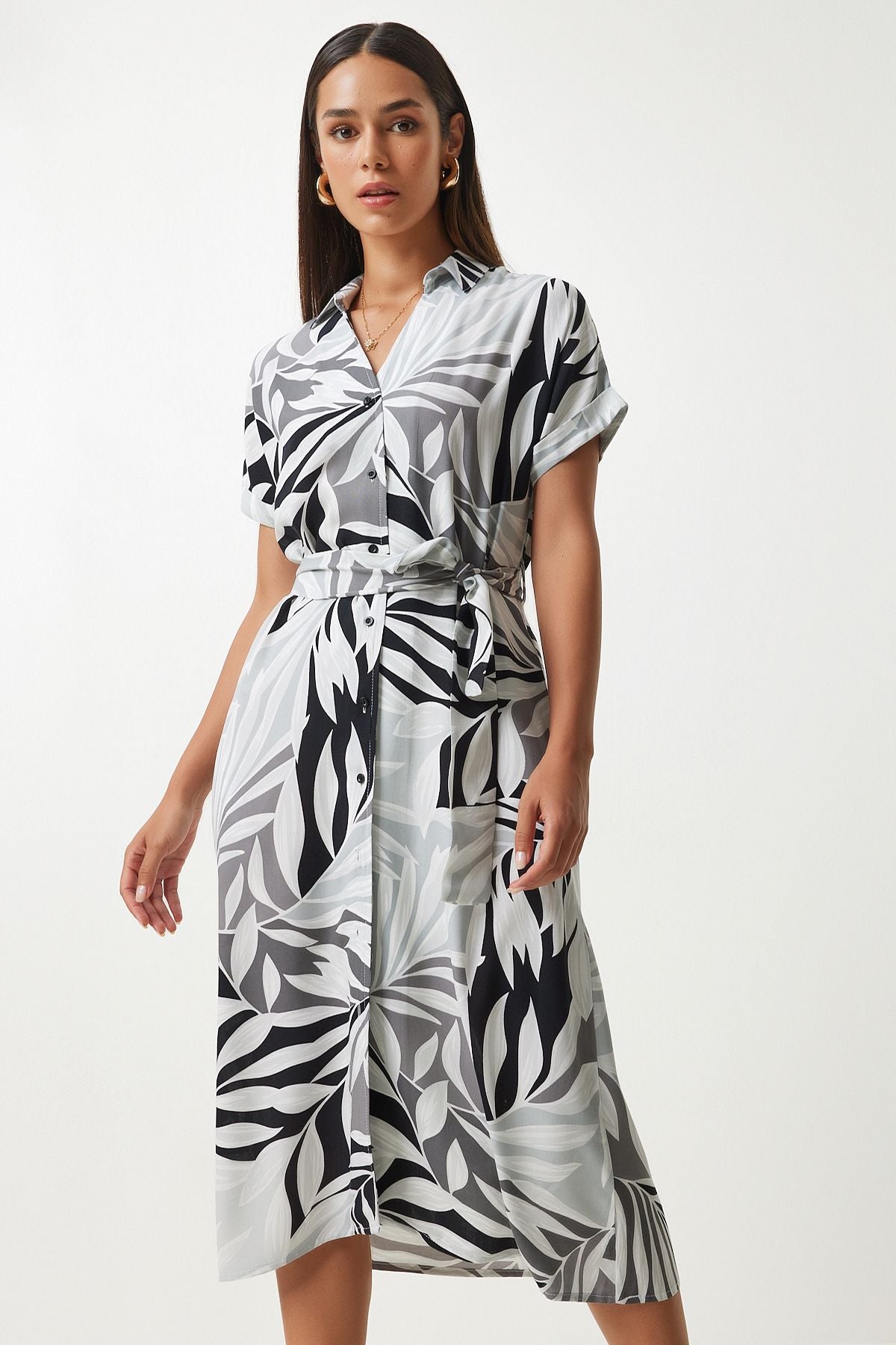 Female Gray Black Patterned Born Viscose Shirt Dress DD01331