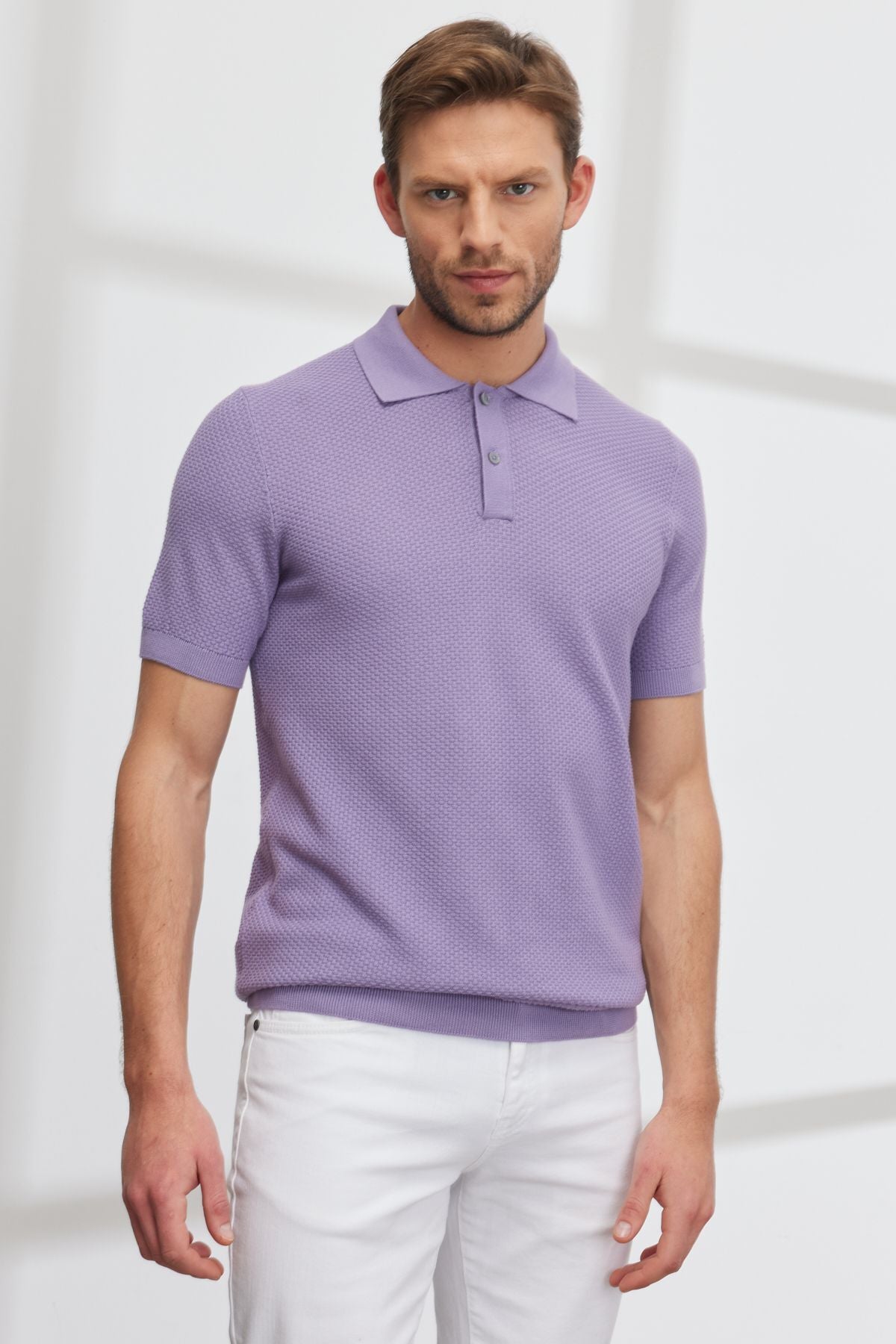 Men's lilac Standard Fit Normal Cut Polo Yaka 100 %Cotton Short Sleeve Knitwear T -shirt