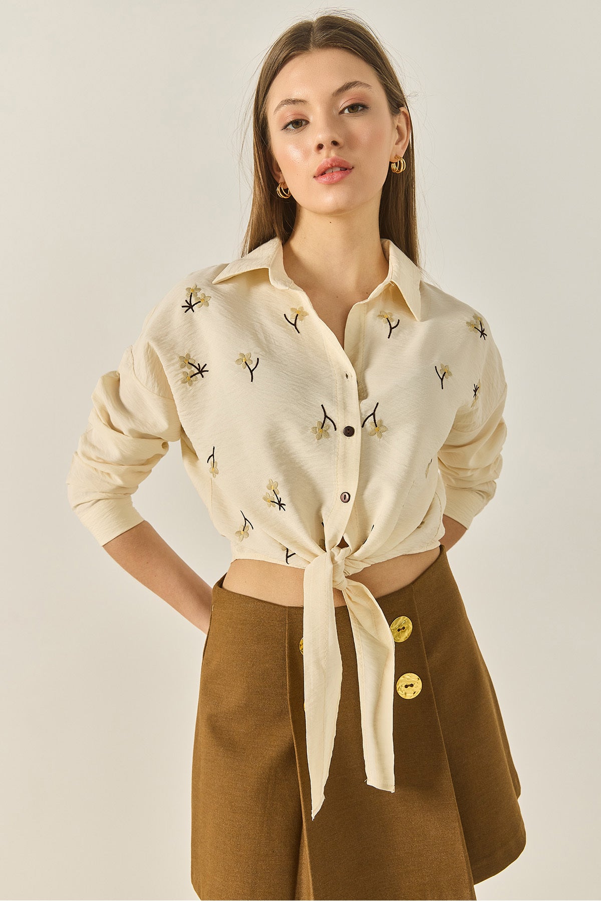 Women's Daisy Embroidered Tie Detailed Short Viscose Shirt MG6282 60283243