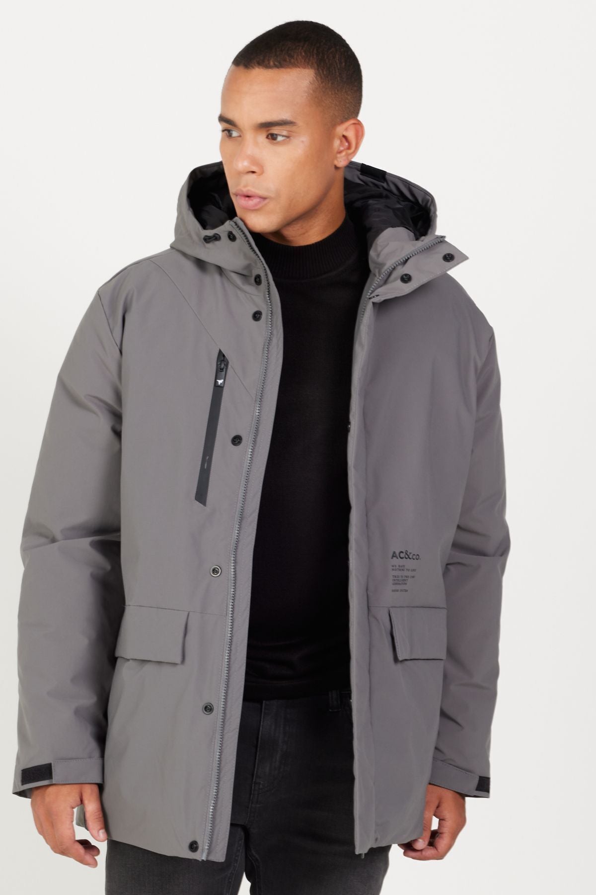 Men's gray hooded upright collar standard fit big size coat