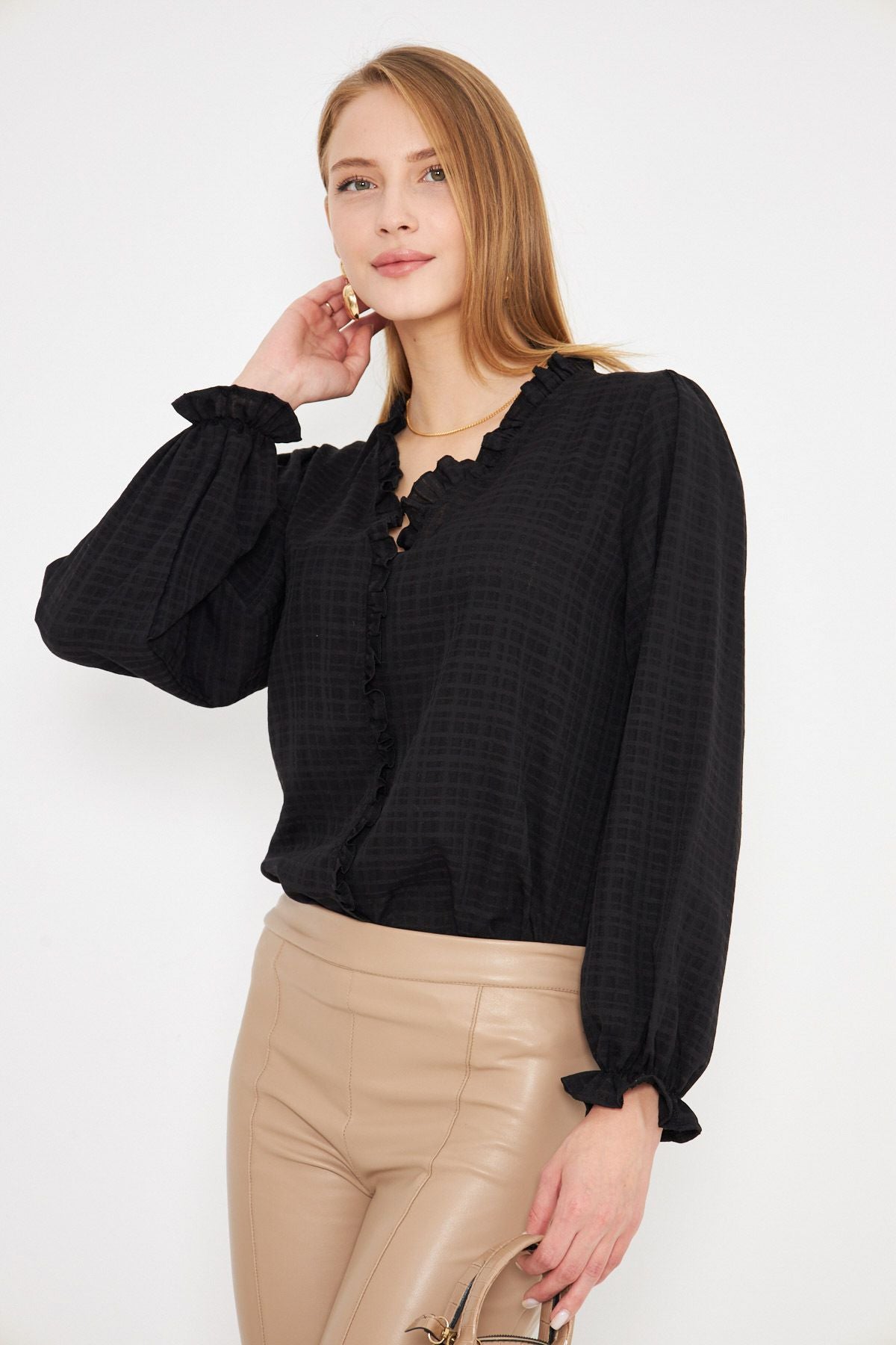 Female Black Side and Ruffle Detailed Arms with Tire Long Sleeve Blouse ARM-25K001030