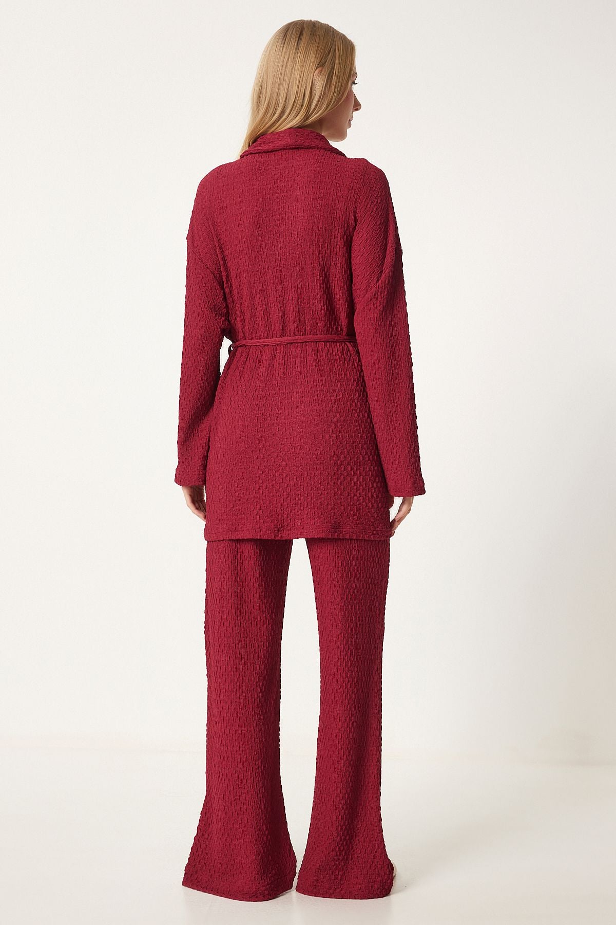 Female burgundy textured knitted kimono pants set RG00046