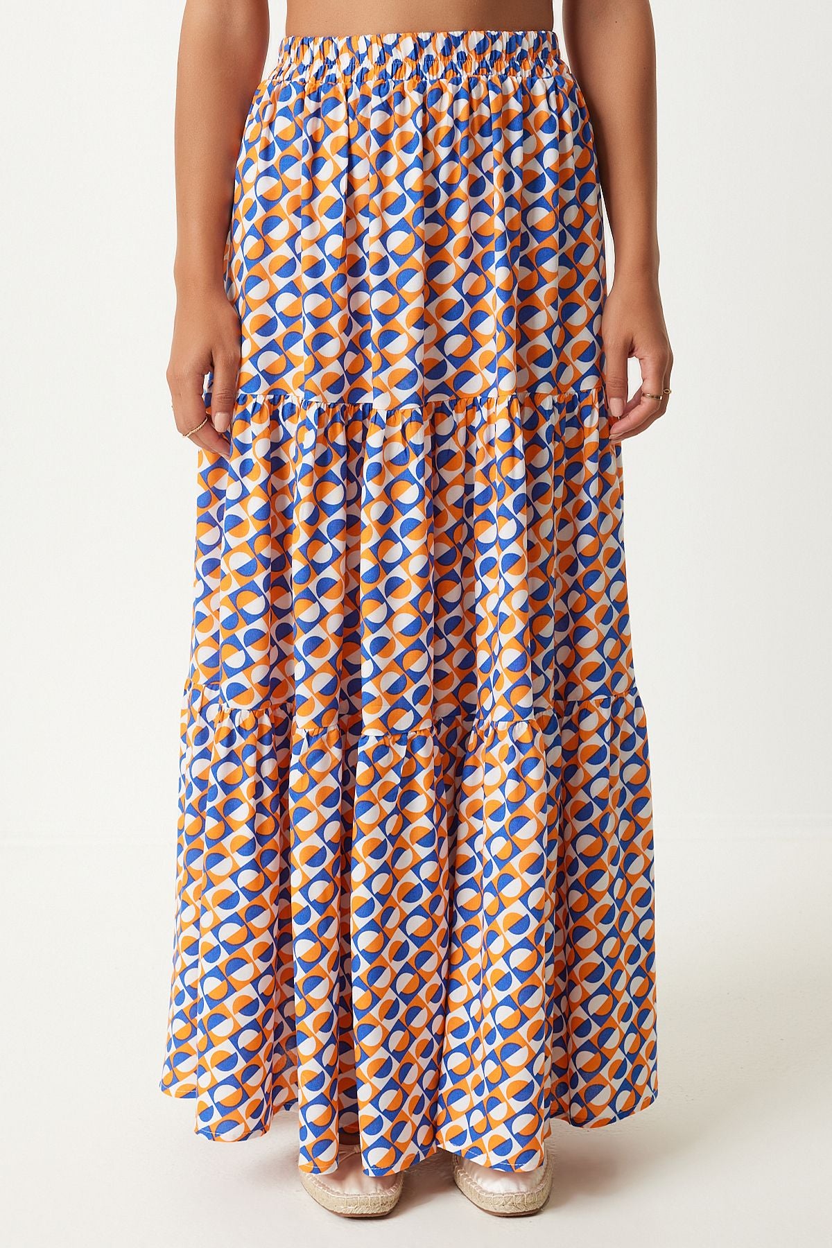 Female Oranj Blue Patterned Fleet Summer Maxi Viscose Skirt FN03197