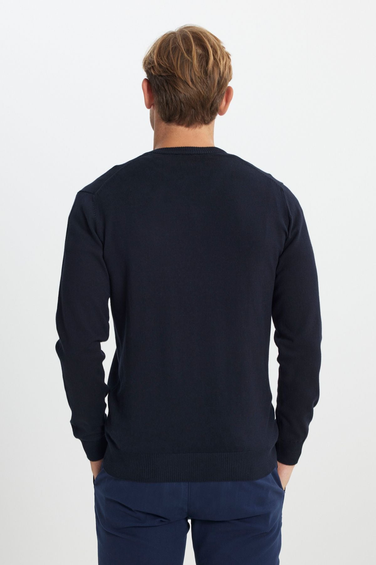 Men's Navy Blue Cotton Standard Fit Normal Cut V -Neck Basic Knitwear Sweater