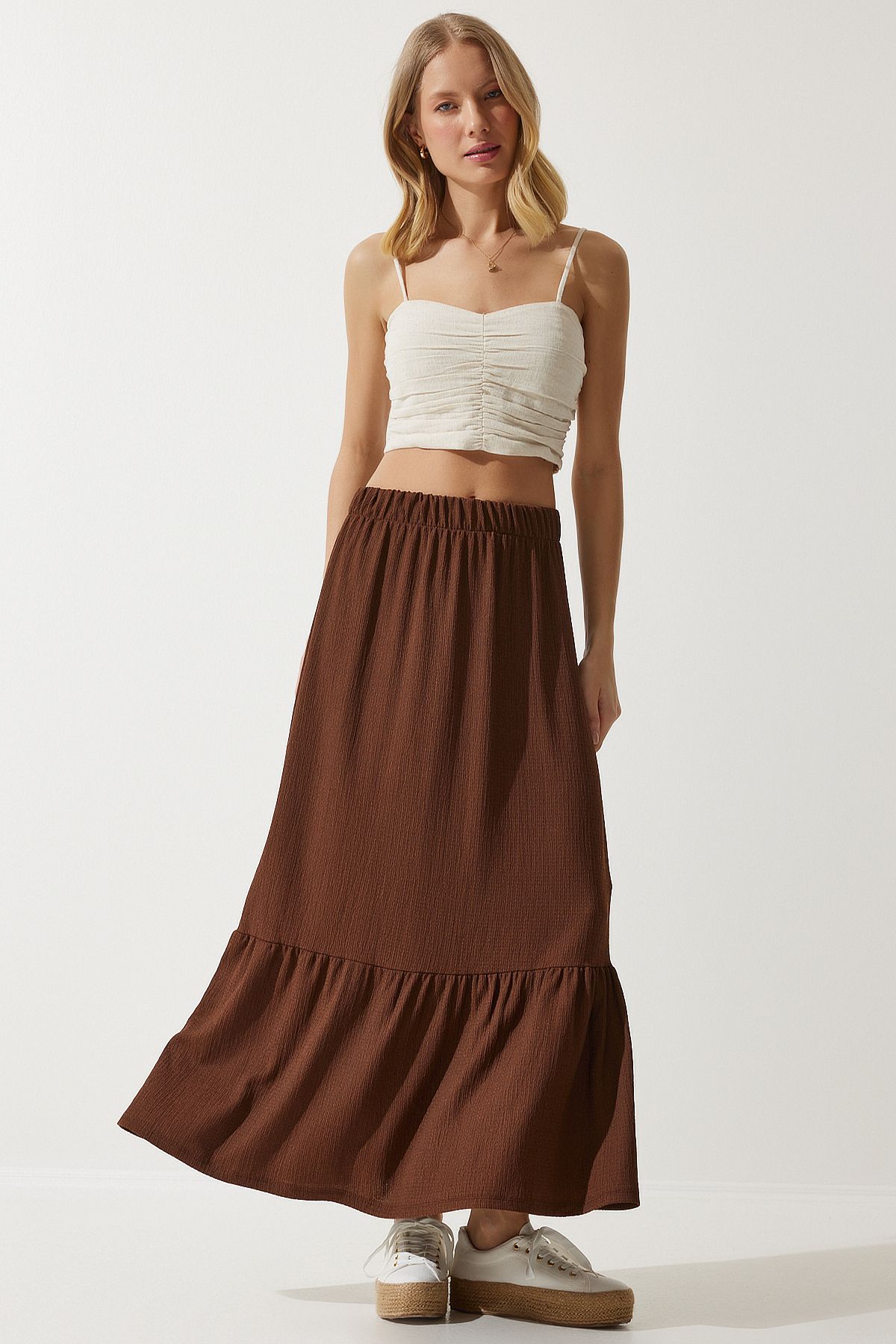 Female brown flywheel summer midi skirt DD01231