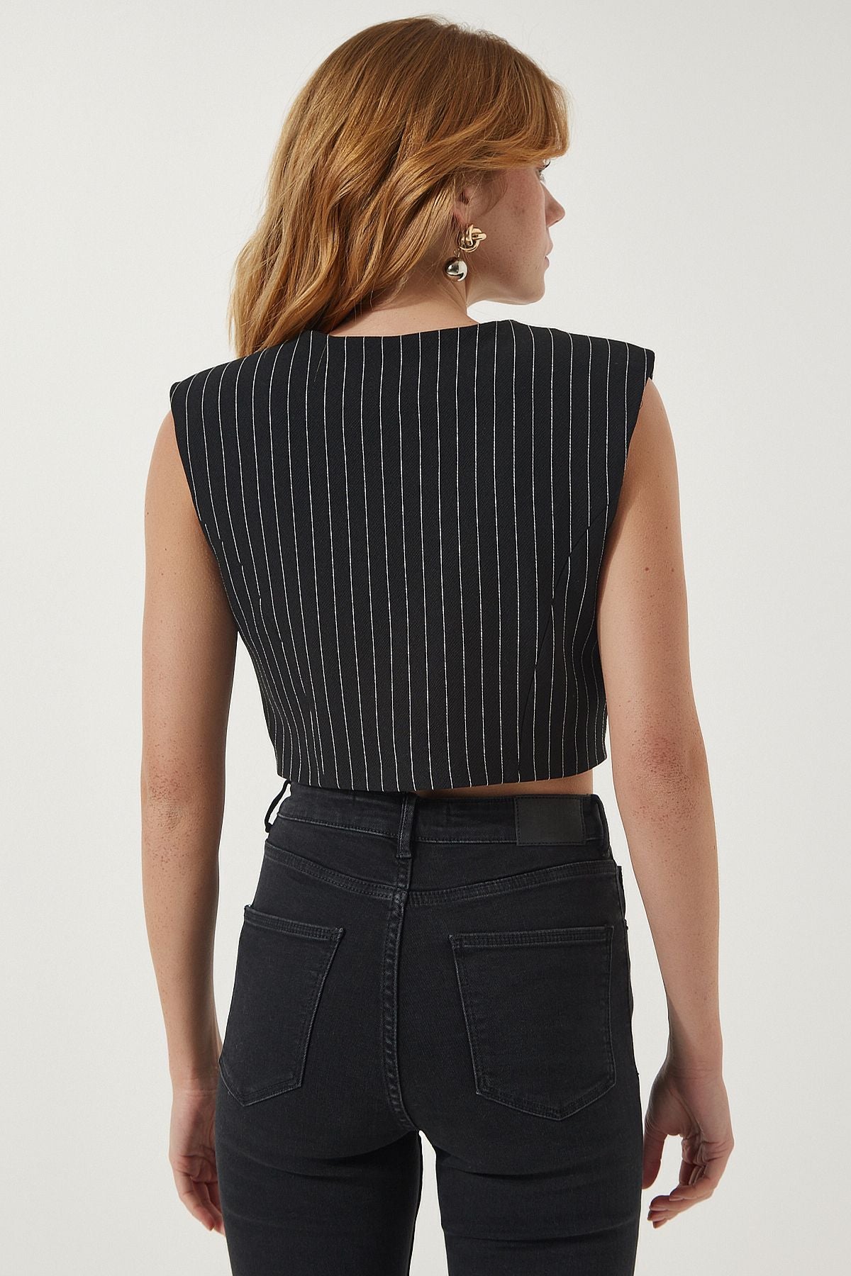 Female black striped mini weaving vest to00125