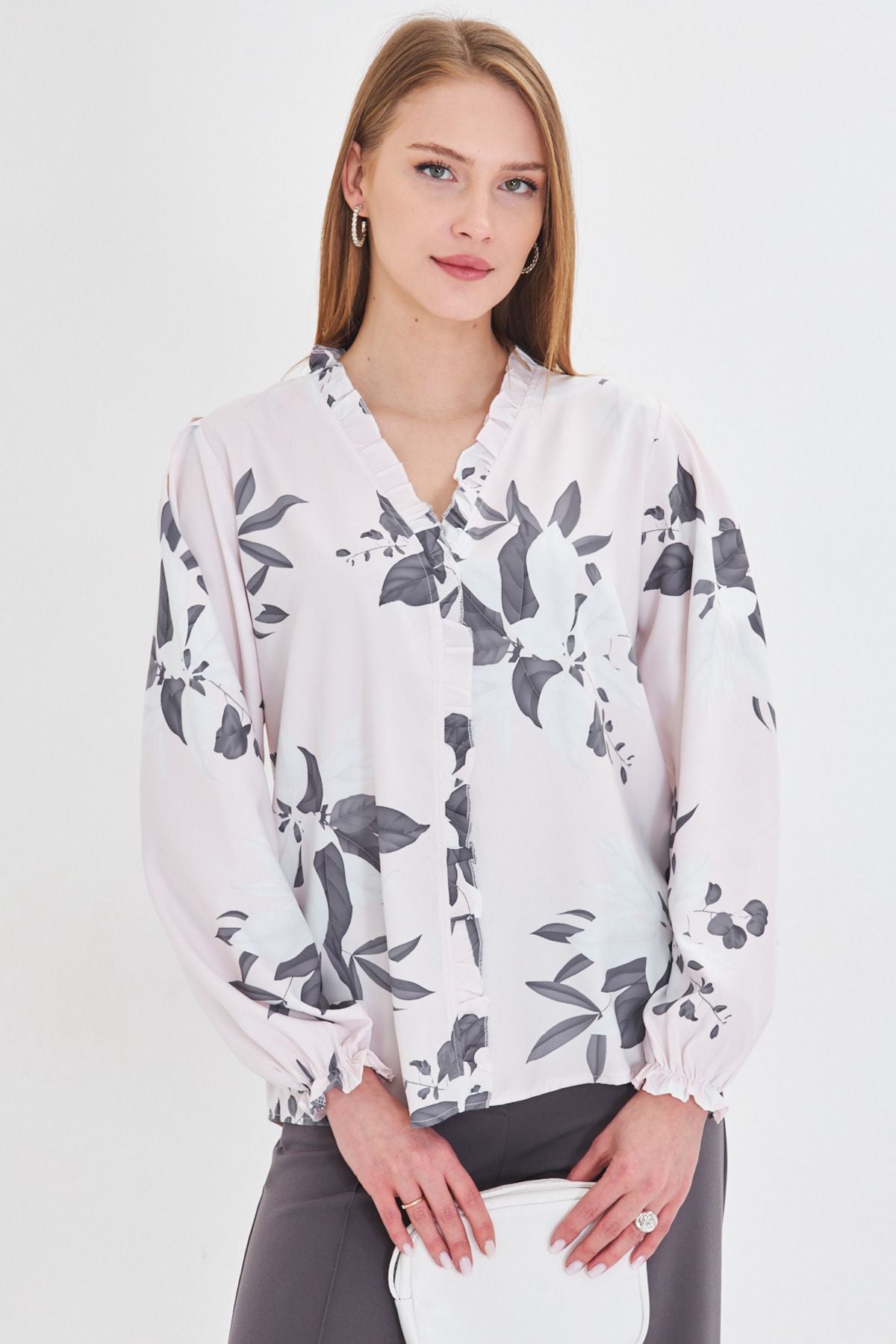 Female Gray Side and Ruffle Arms with Rubbins Long Sleeve Blouse ARM-25Y001015