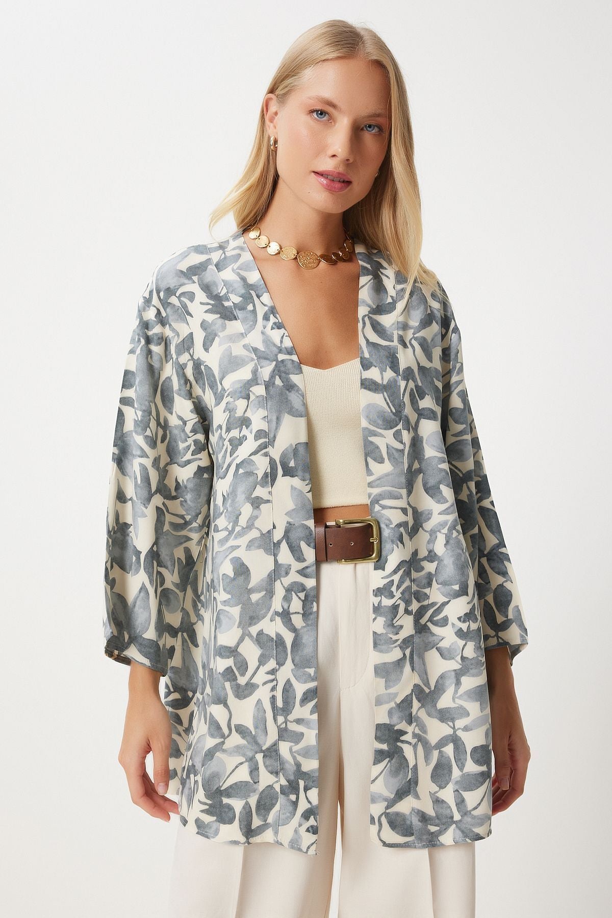 Female Gray Bone Patterned Viscose Kimono EN00615