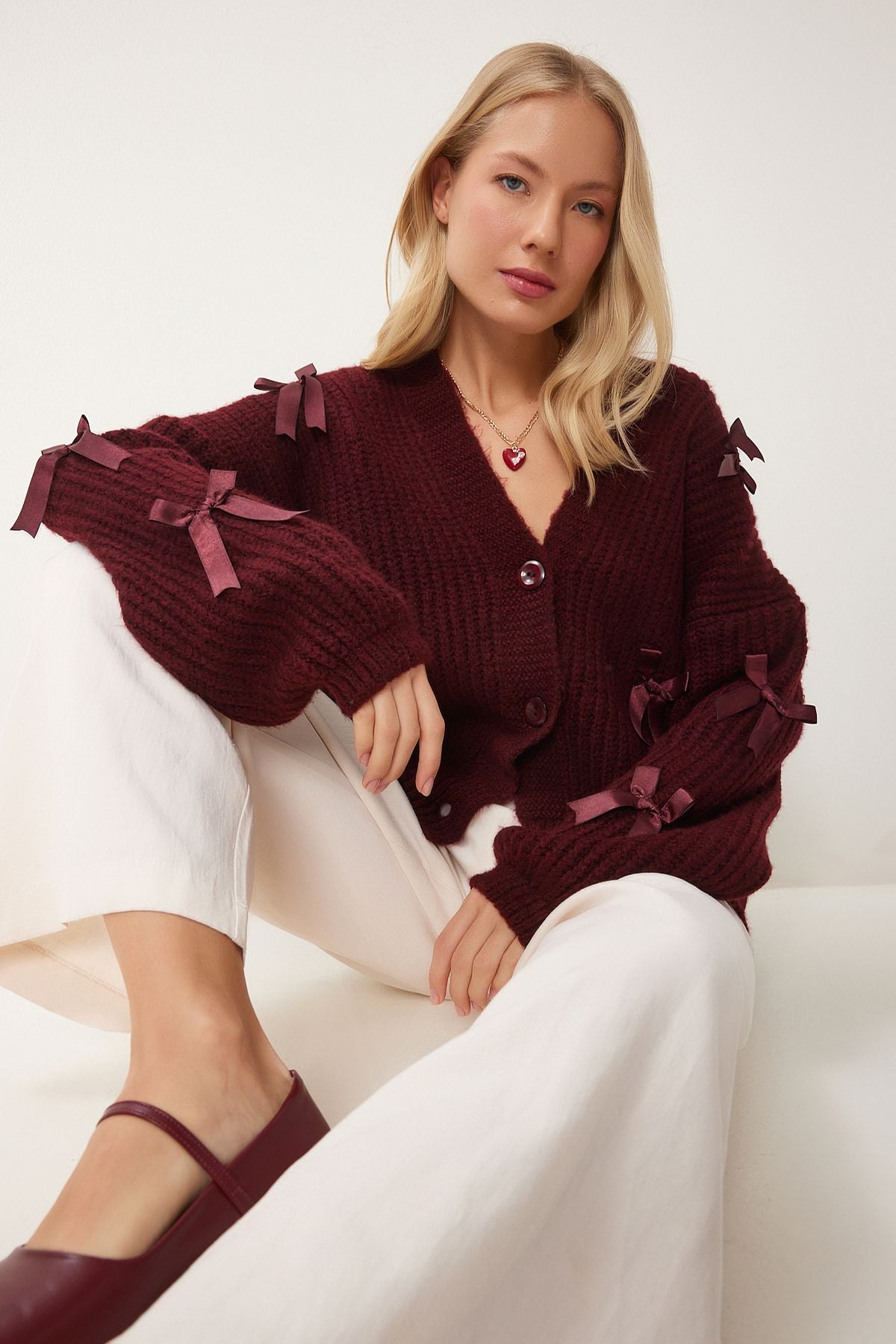 Women's Bordeaux Bow Triko Cardigan PF00095
