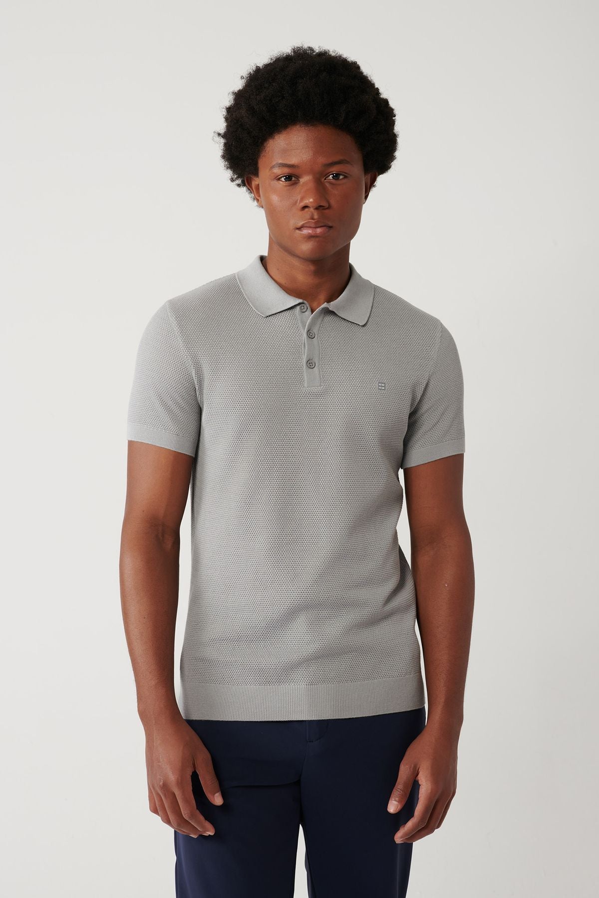 Men's gray 3 button textured riban Polo Yaka Triko T-Shirt B005009