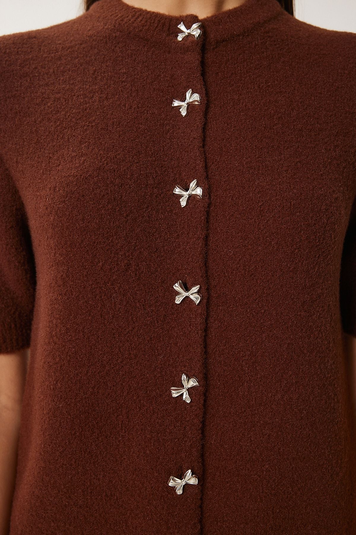 Women's Brown Stylish Bow Button Triko Cardigo with Beard Button DP00219
