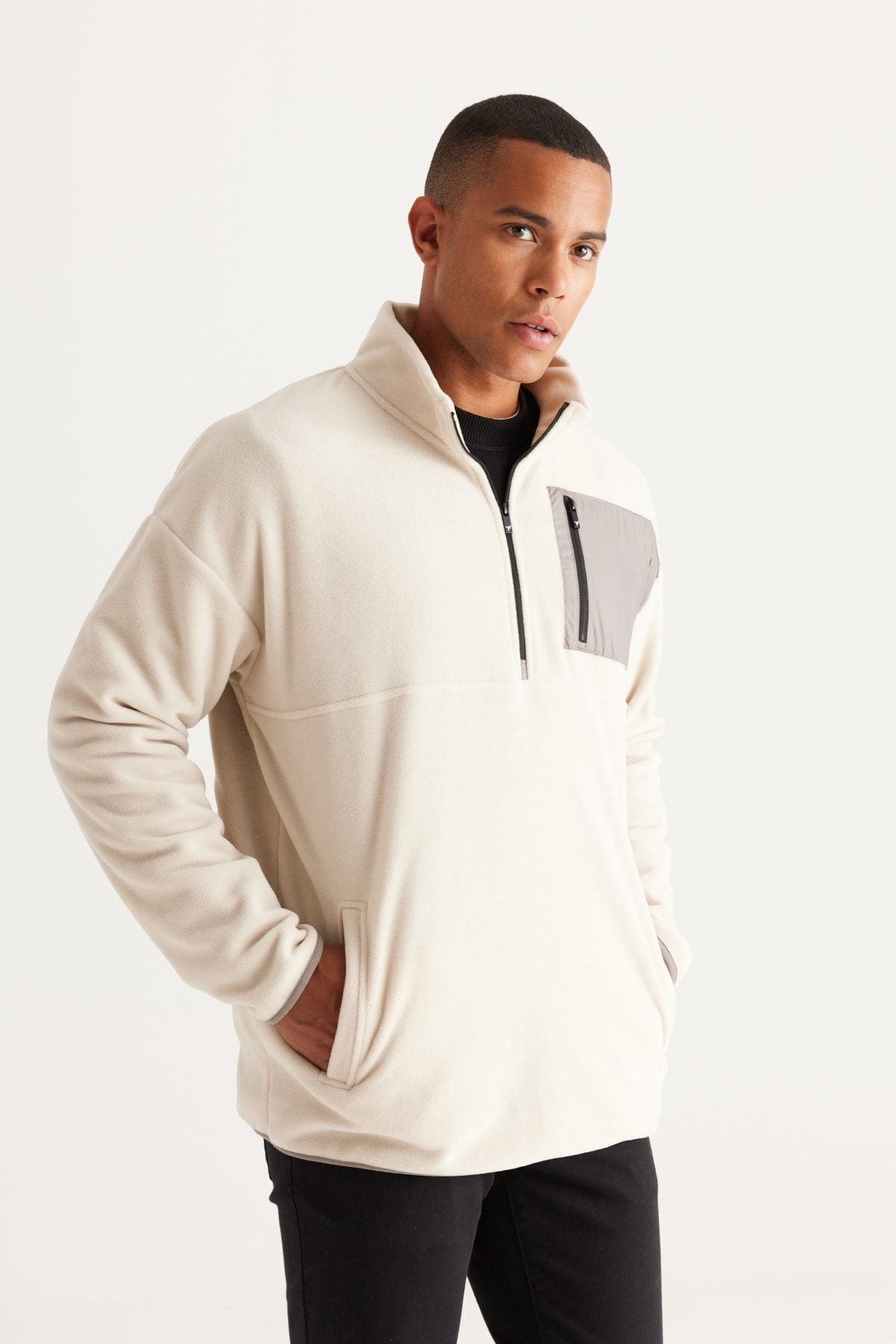 Men's Beige Oversize Plenty of Preep Bato Yaka Pocket Detailed Zippered Cold -Pre -Pree Sweatshirt