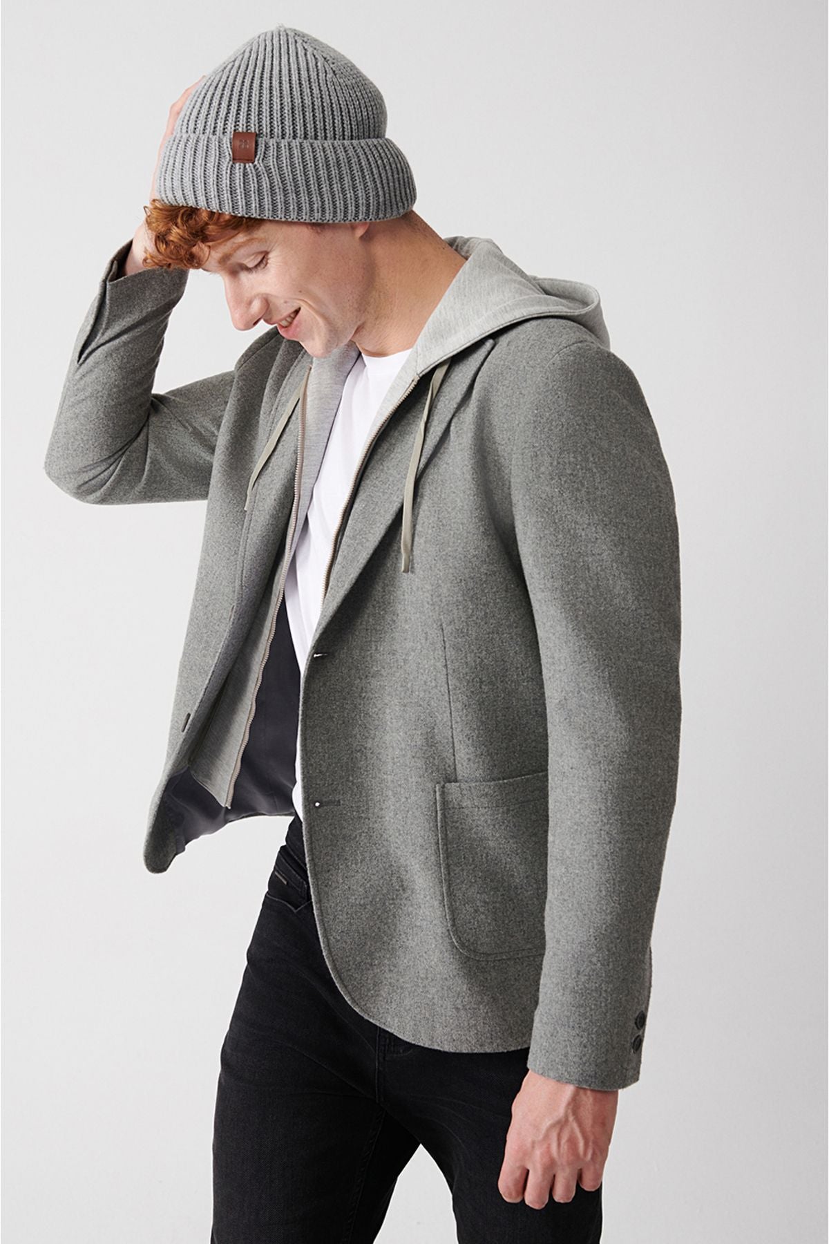 Men's gray removable hooded woolen jacket A32y4017