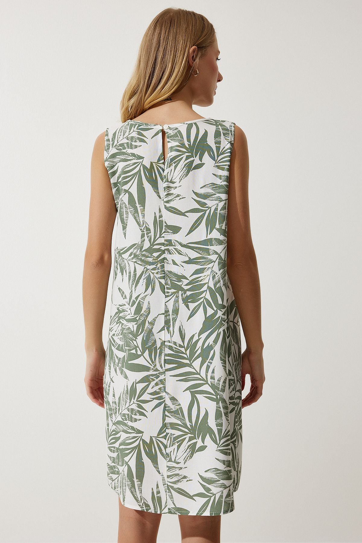Female Cagla Green Patterned Linen viscose mini dress BH00343