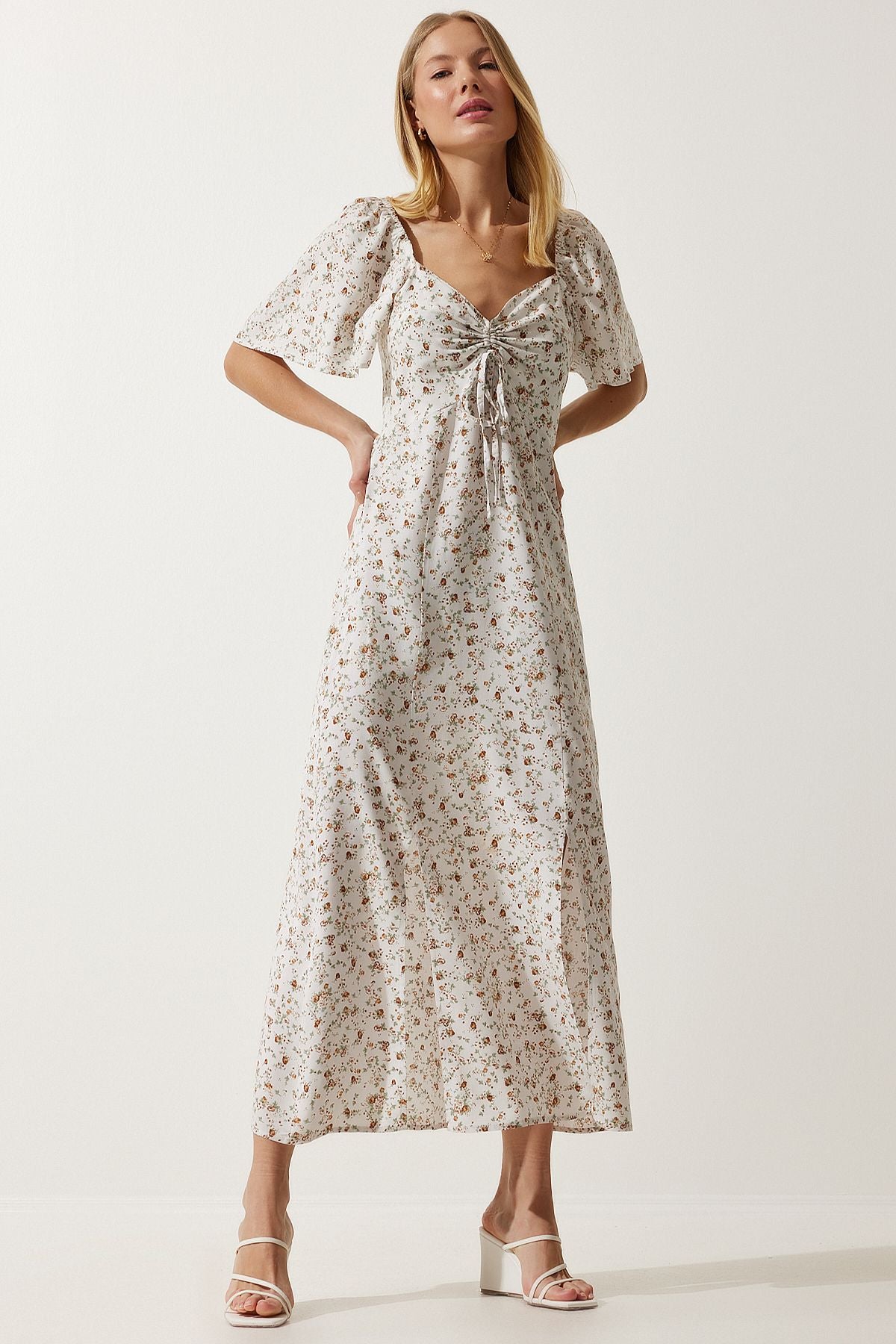 Female ecru slit detailed flywheel viscose dress ub00247