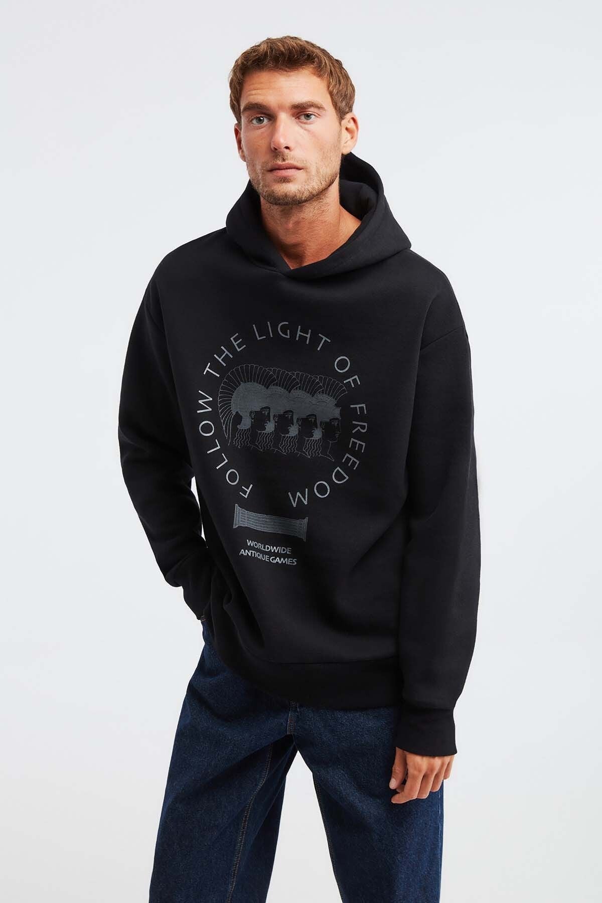 Olympos Men's 100 %Organic Cotton 3 IP Oversiz Printed Hooded Hoped Cord with black sweatshirt