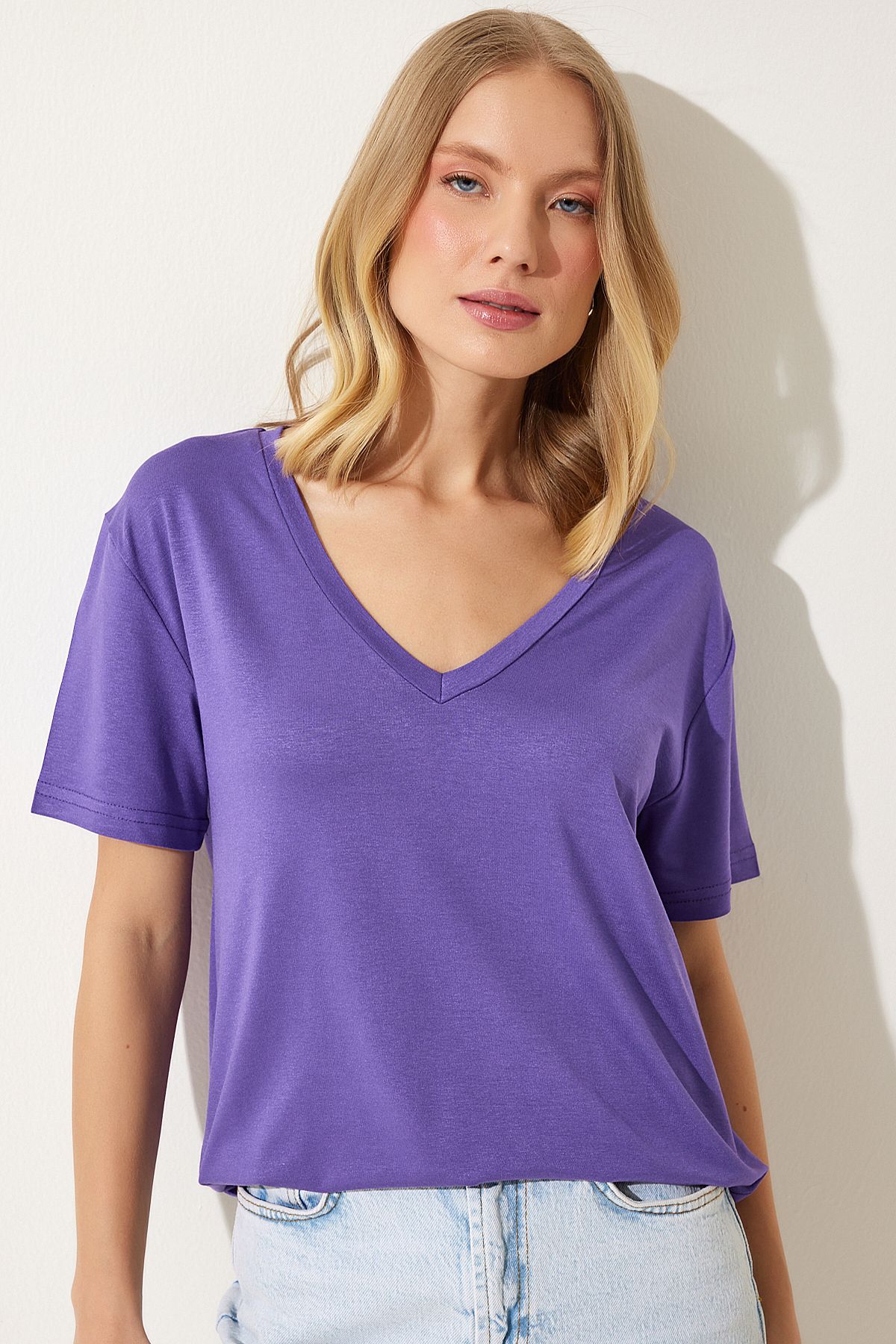 Woman Purple V-Neck Basic Viscose Knitting T-Shirt EN00613