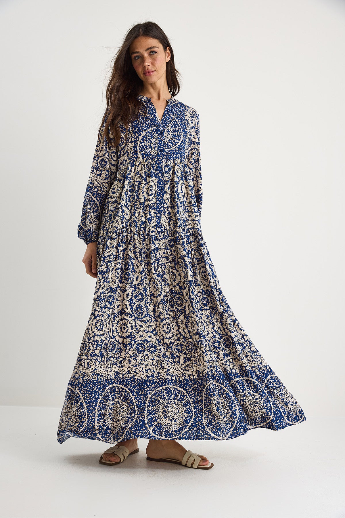 Women's V-Neck Patterned Button Detailed Maxi Viscose Dress 2423 60283334