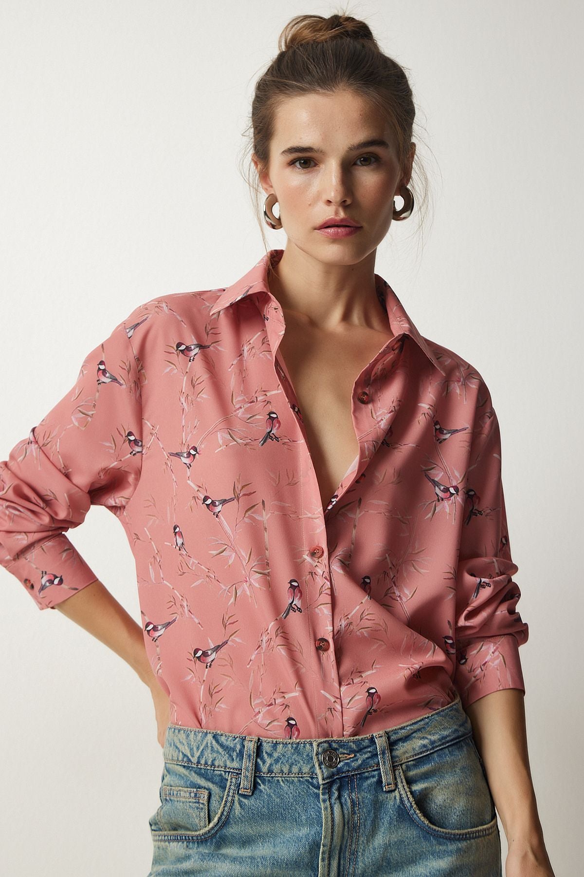 Woman Pink Patterned Oversize Satin Surface Shirt OH00049