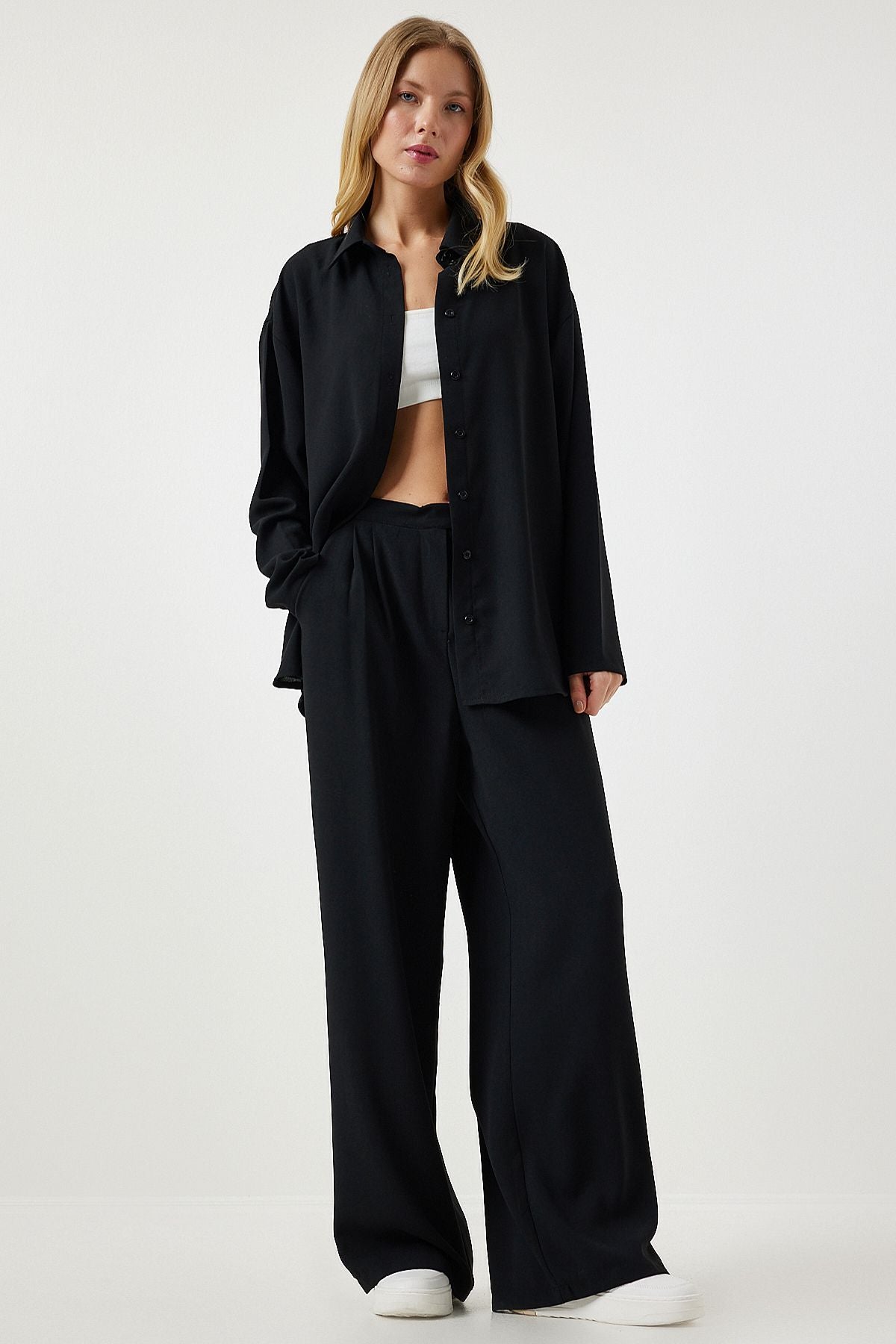 Female black seasonal weaving shirt palazzo pants set RV00174