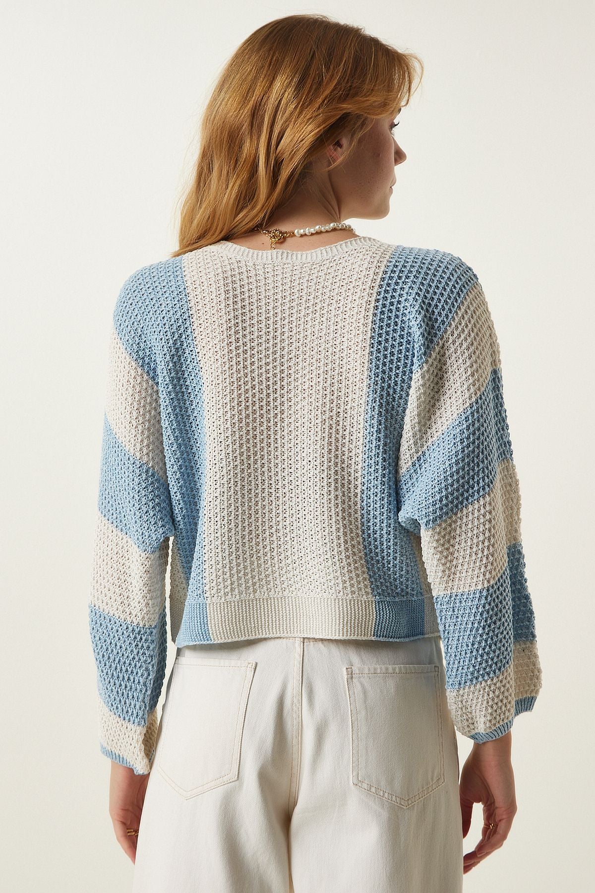 Women's Cream Sky Blue striped seasonal knitwear sweater MC00254