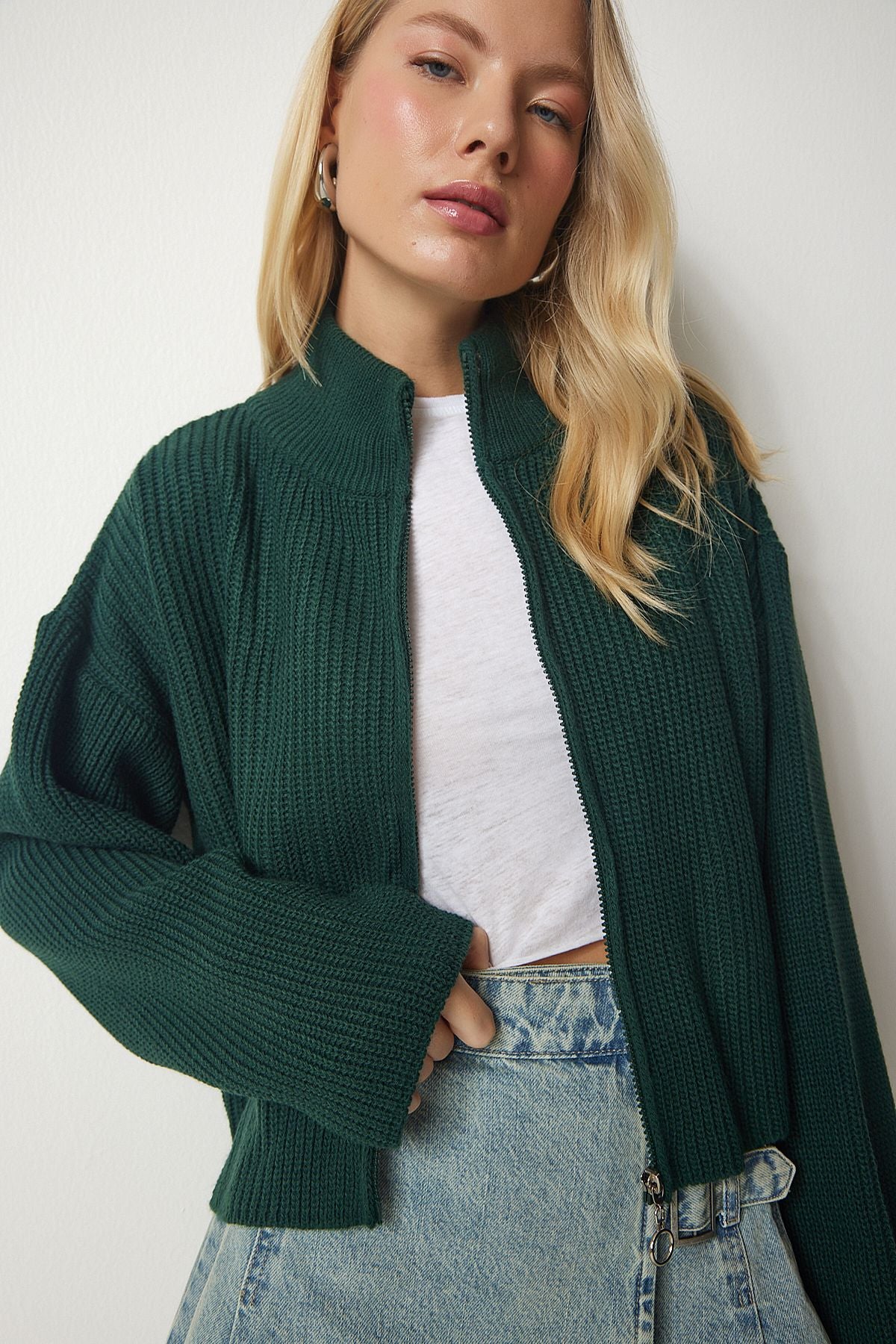 Female emerald green zipper knitwear cardigan yy00172