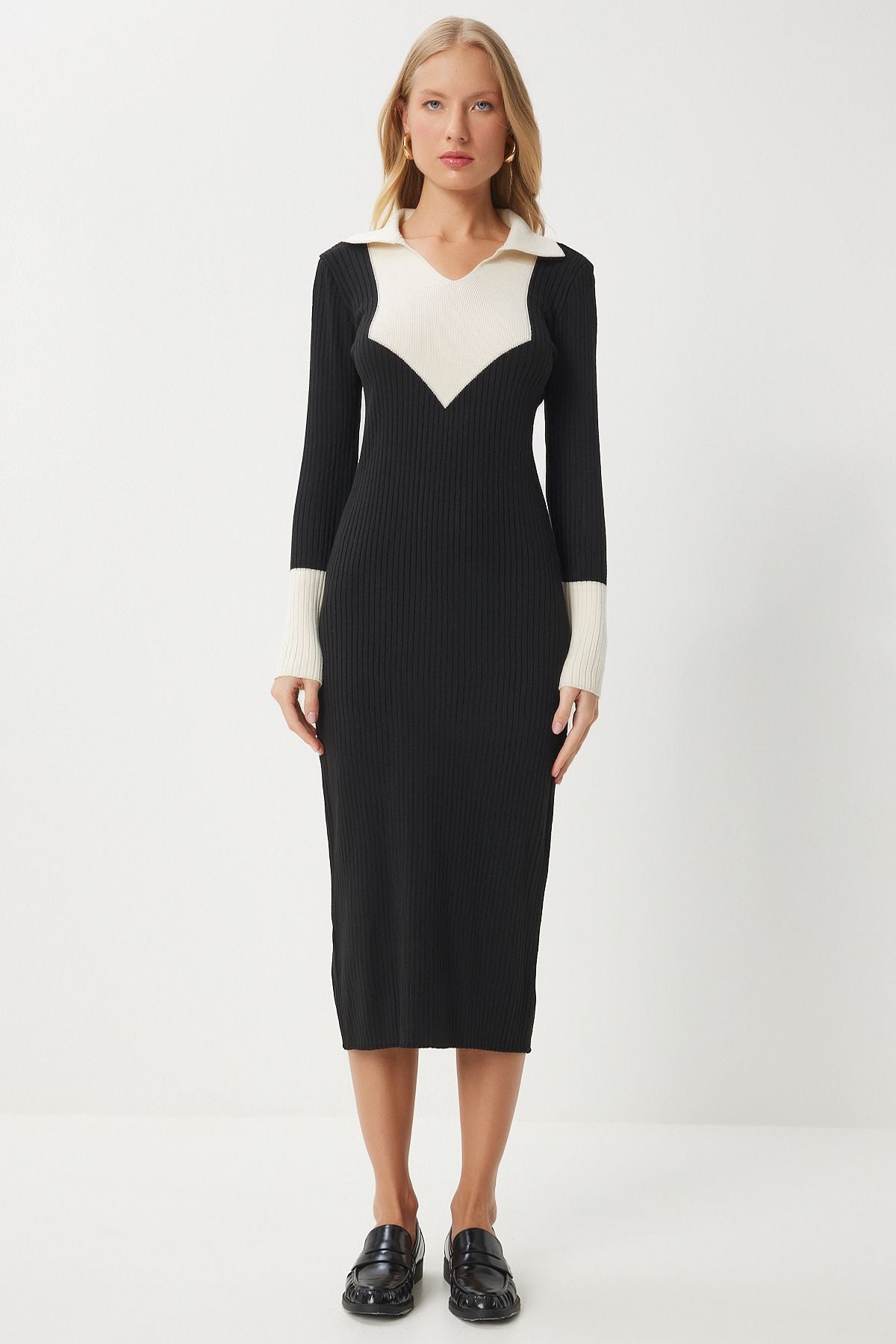 Female black contrast polo collar knitwear dress jg00003