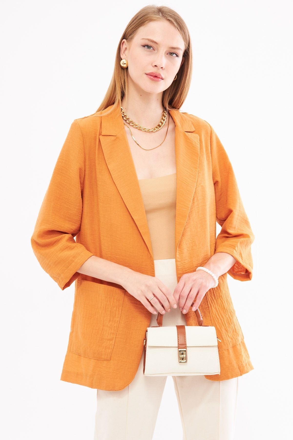 Female tile linen-looking pocket overwheeling jacket ARM-24Y001065