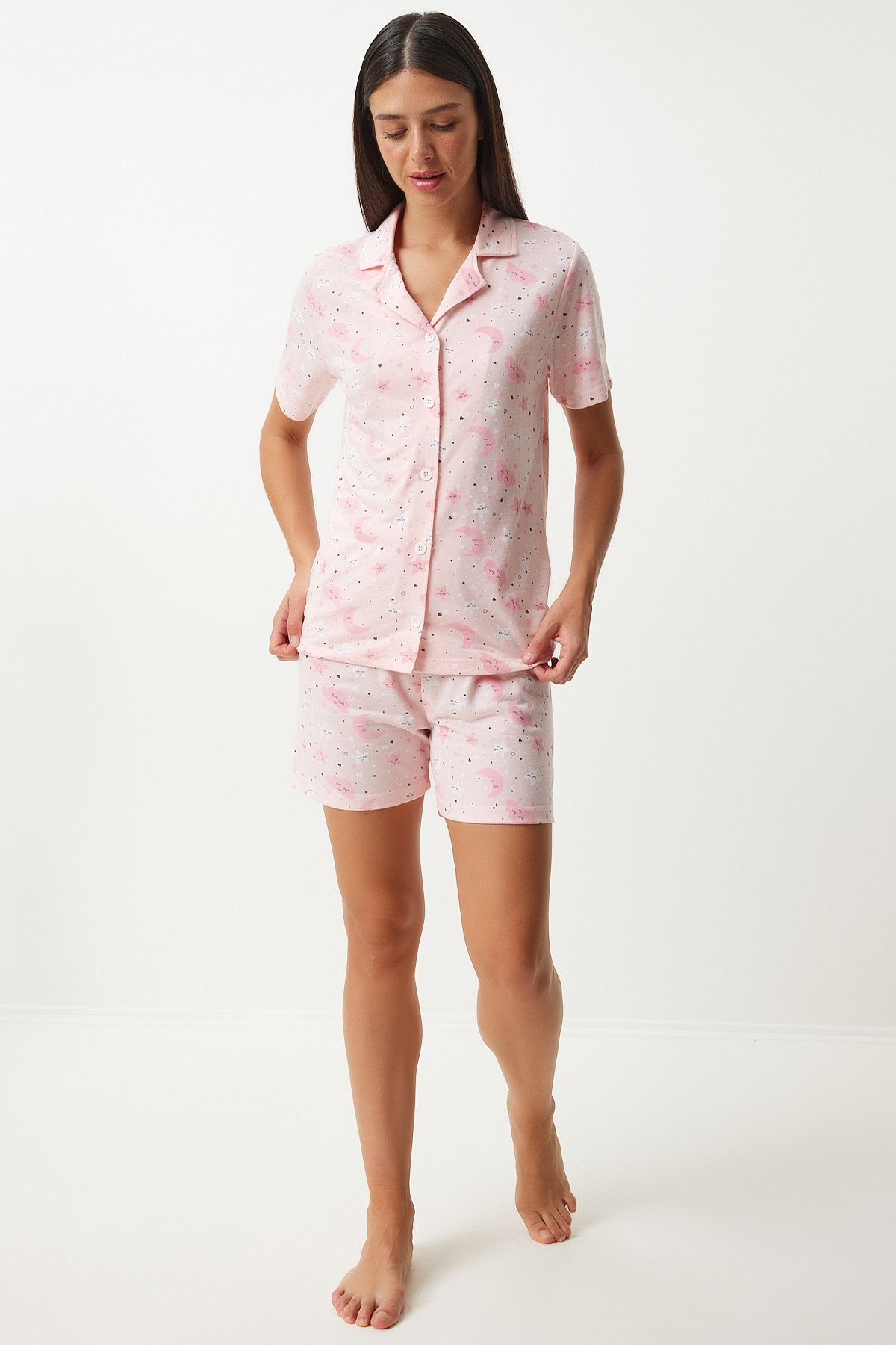 Woman Light Pink Patterned Viscose Shirt Shirt Pajama Set EC00044