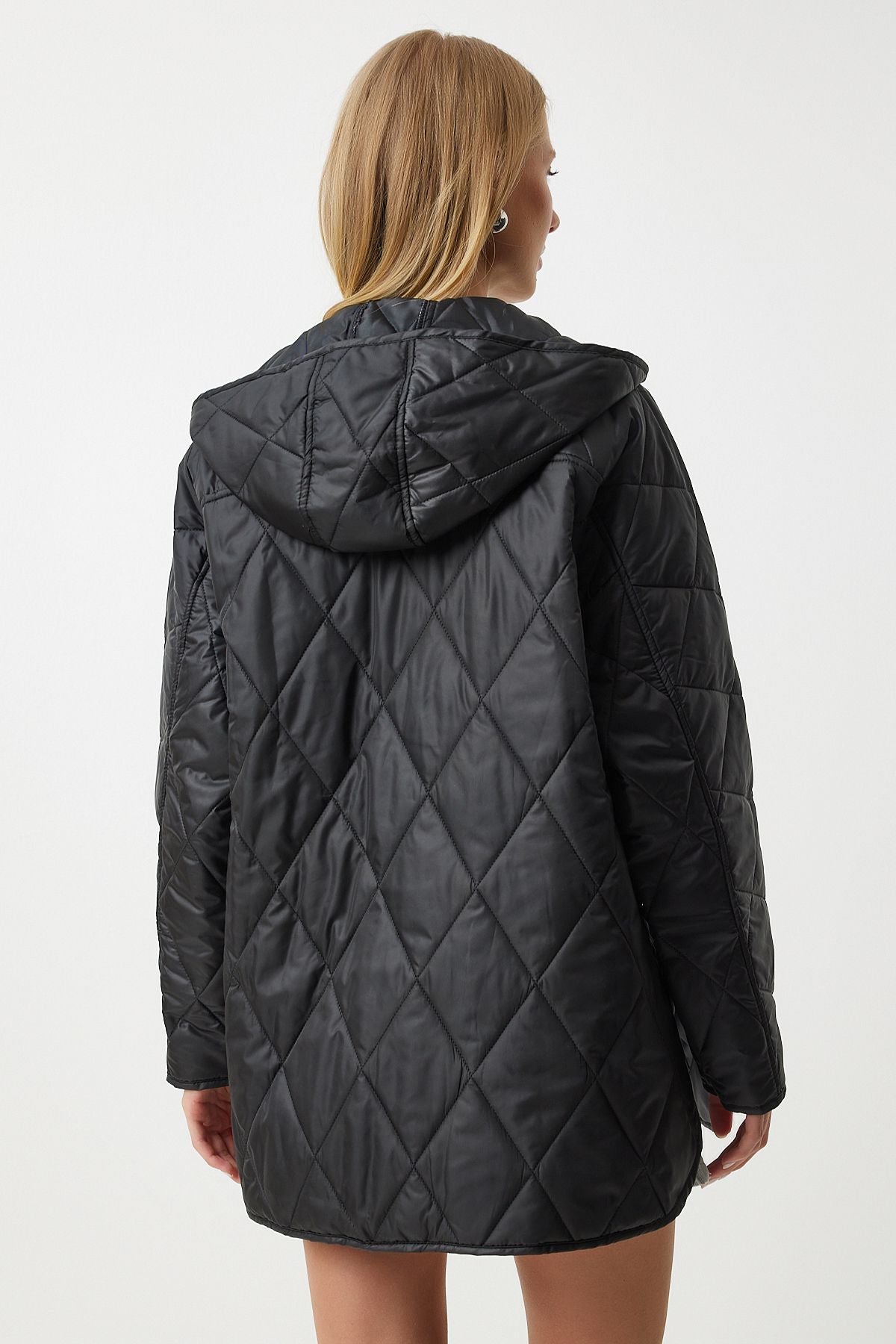 Female black hooded quilted oversize coat FN02905