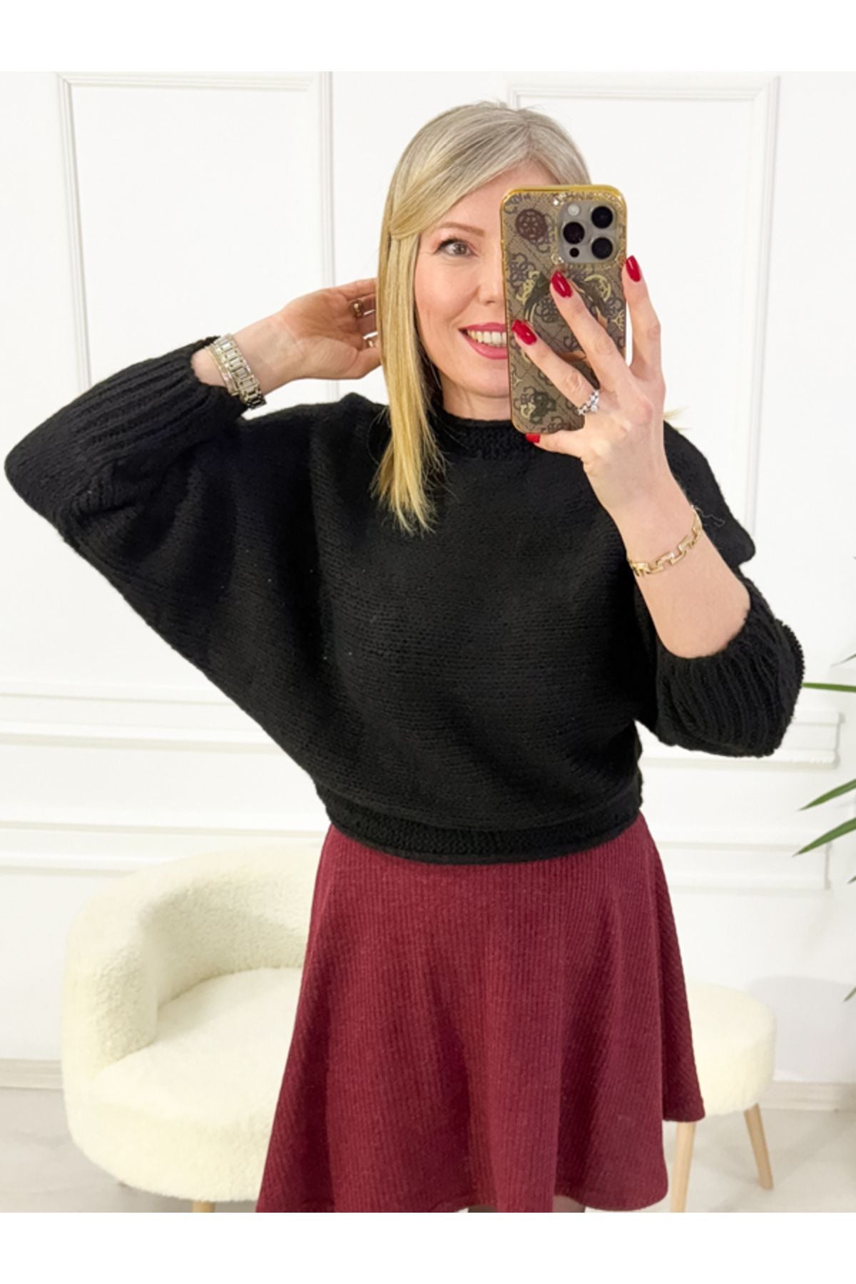 Woman Black Bat Sleeve Spring Knitwear Sweater Arm-22y012017