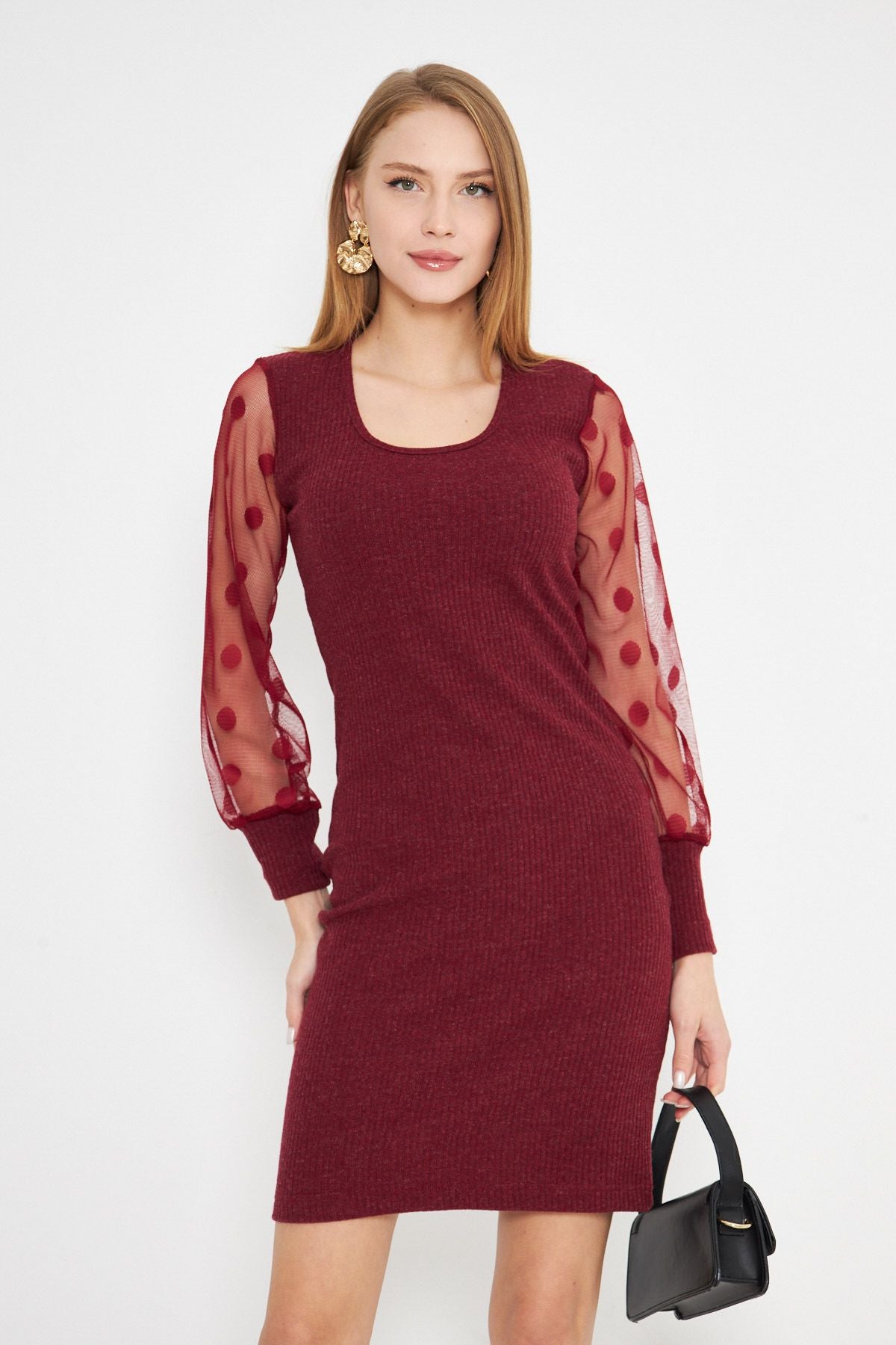Female Bordeaux U Yaka Sitting on the Body Arms Tulle Detail Kashkorse Knitwear Dress ARM-25K001068