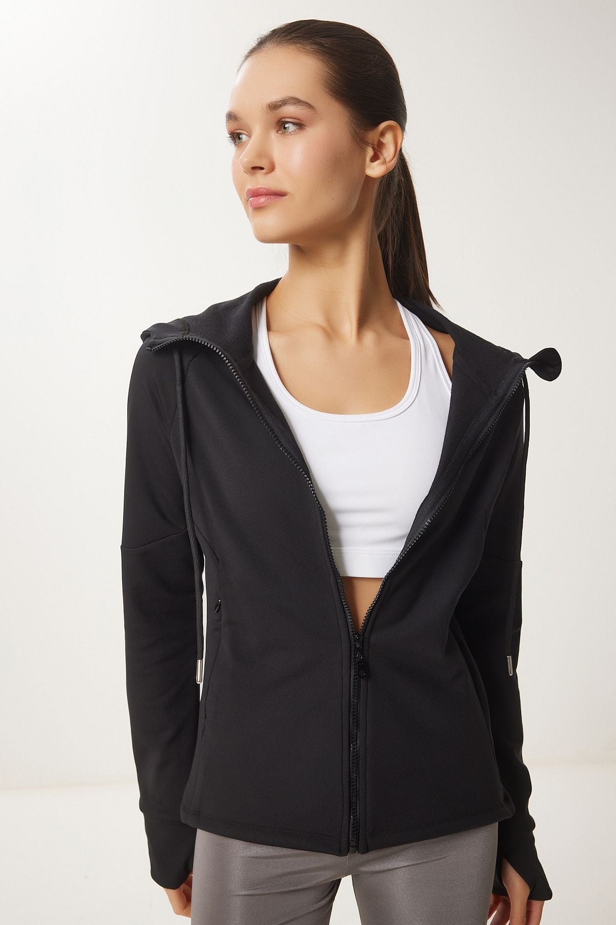 Female black finger detailed hooded zipper knitting sweatshirt vx00007
