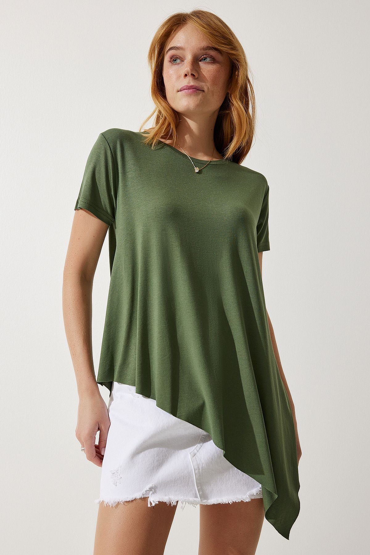 Woman Khaki Asymmetric Viscose Knitting T-Shirt EN00599