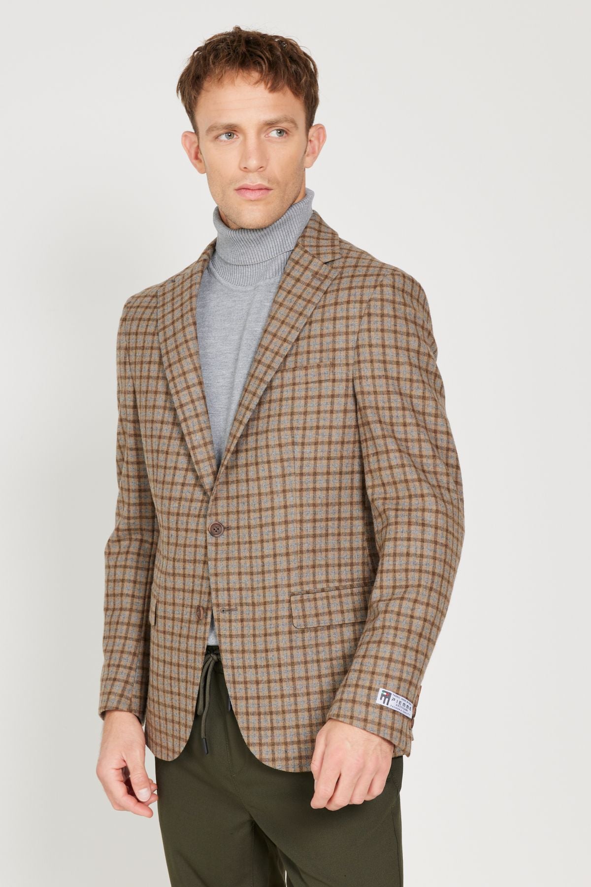 Men's coffee-bej slim fit narrow cutting mono collar checkered woolen jacket