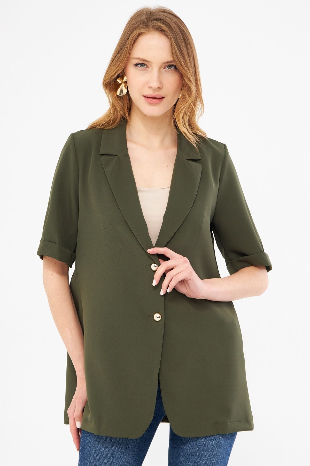 Woman Khaki Short Arm two buttoned oversize jacket ARM-23Y001034