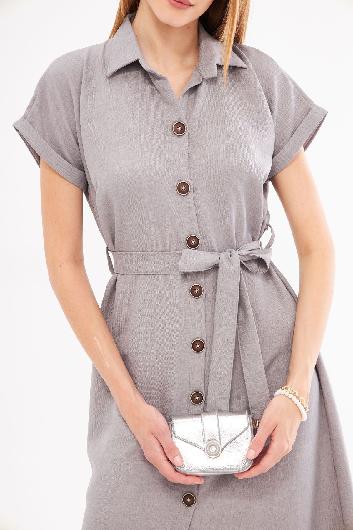 Woman Gray Linen-Looking Waist Belt Short Sleeve Shirt Dress ARM-24Y001084