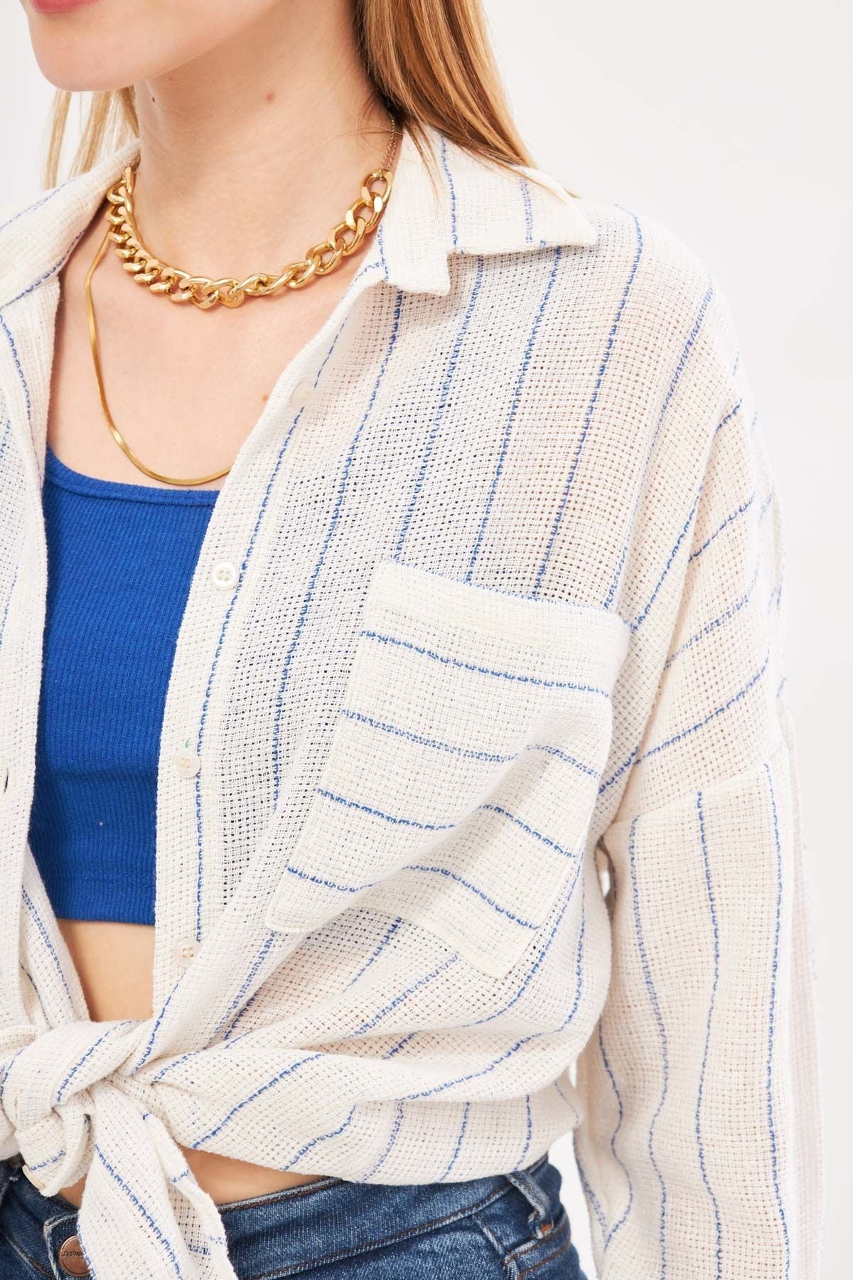 Woman Navy blue Long Sleeve Pocket detailed back Pleeled striped Oversiz shirt ARM-24Y001053