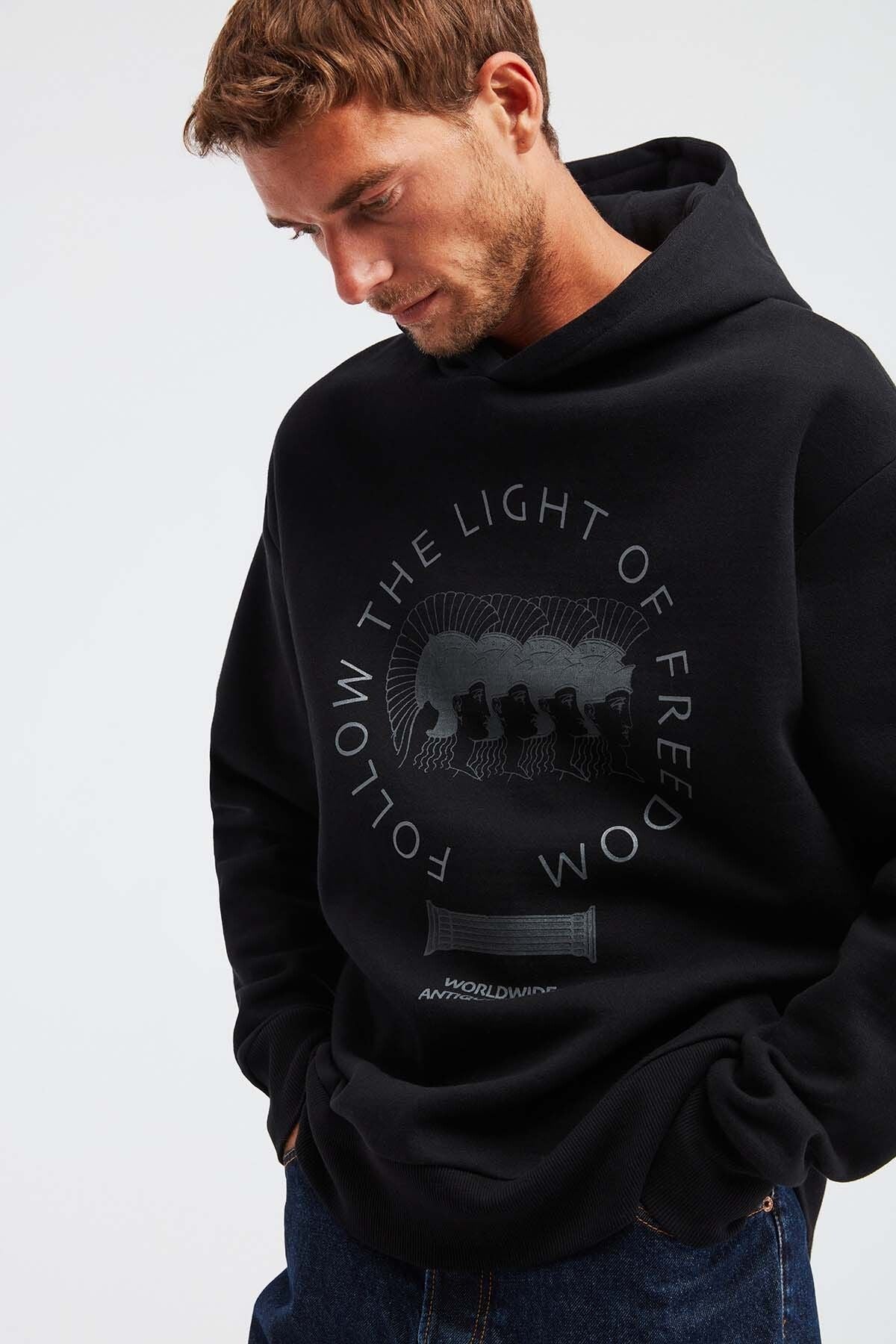 Olympos Men's 100 %Organic Cotton 3 IP Oversiz Printed Hooded Hoped Cord with black sweatshirt