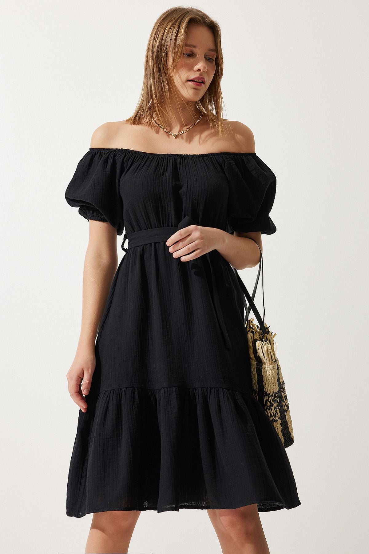Female Black Carmen collar belt cottage Muslin dress MX00157