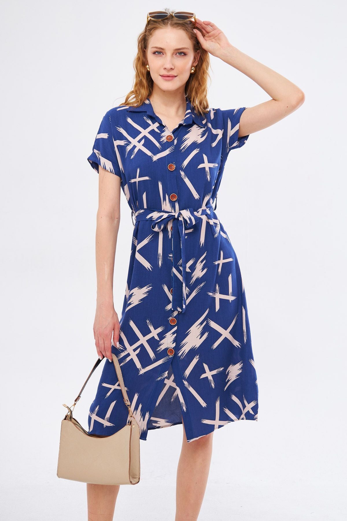 Woman Navy blue Big Flowering Waist Belt Short Sleeve Shirt Dress ARM-221007