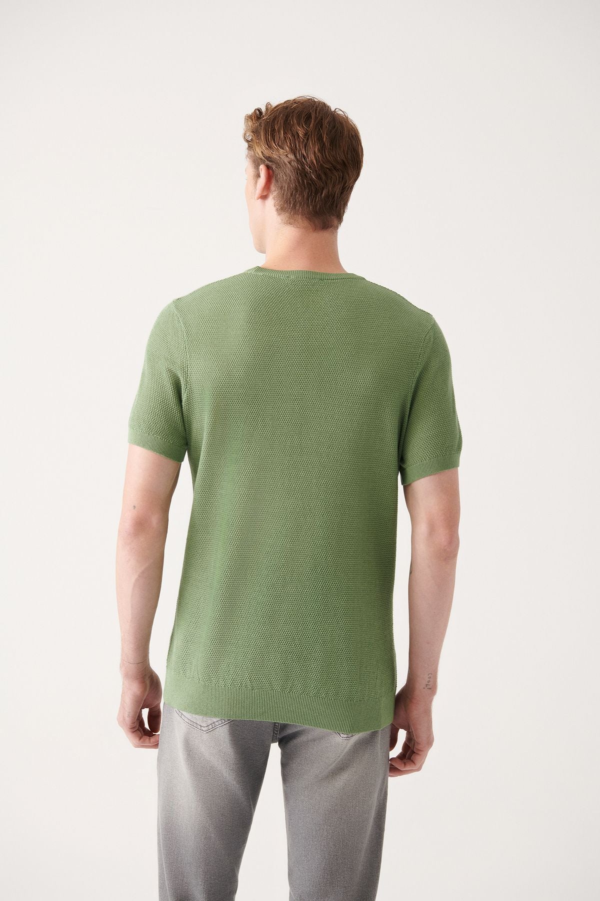 Men's Water Green Modal Bicycle Collar texture Ribanian knitwear T-shirt B005010