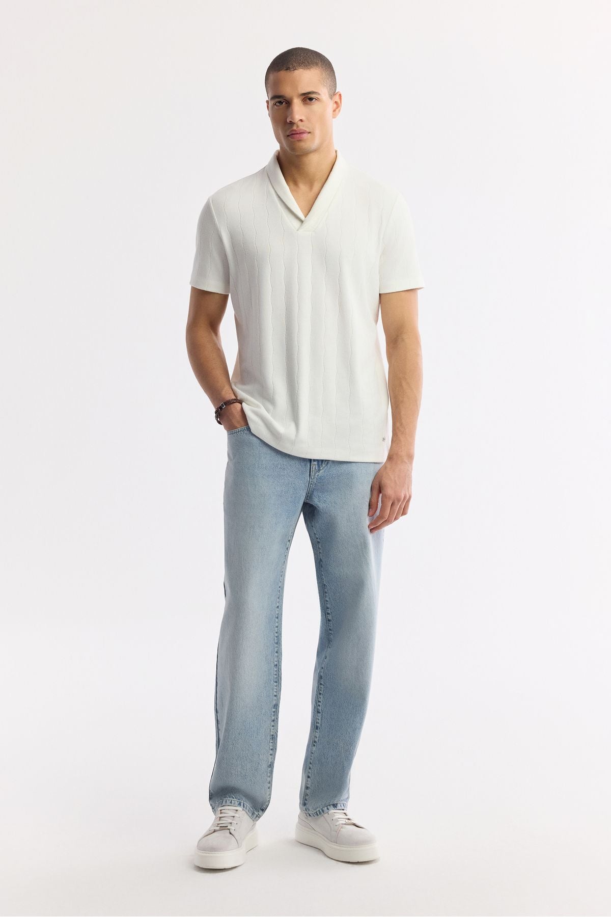 Men's Ecru Shawl Yaka striped jacquard t-shirt A51y1071