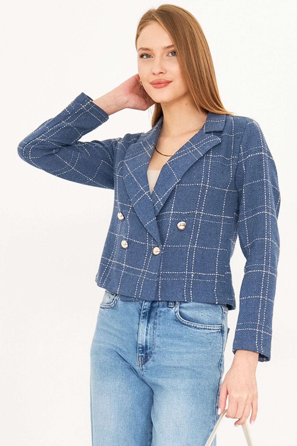 WOMEN INDIO-BEJ KROVAZE YAKA TÜVİT CROP JACKET ARM-24K001014