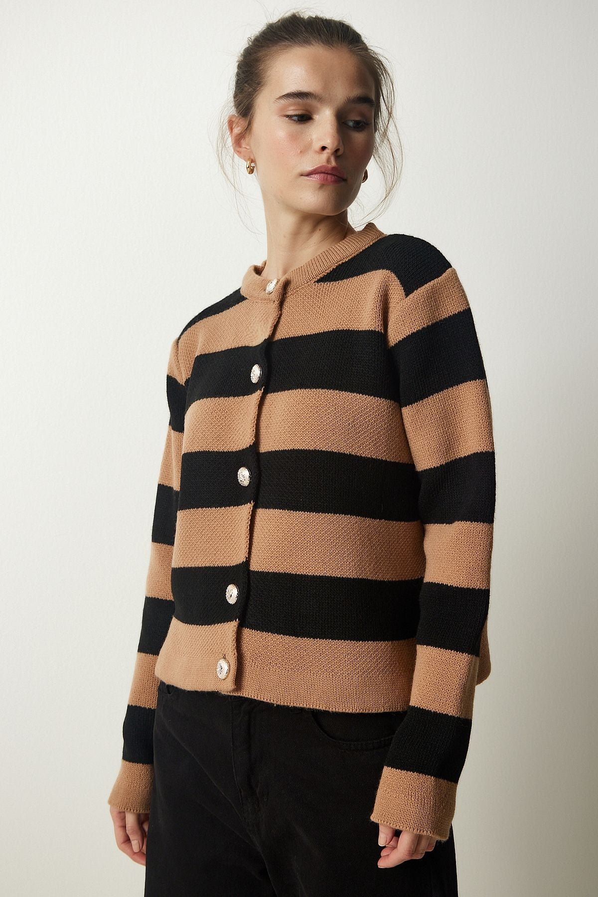 Female Biscuit Black Stylish button striped knitwear cardigan NF00078