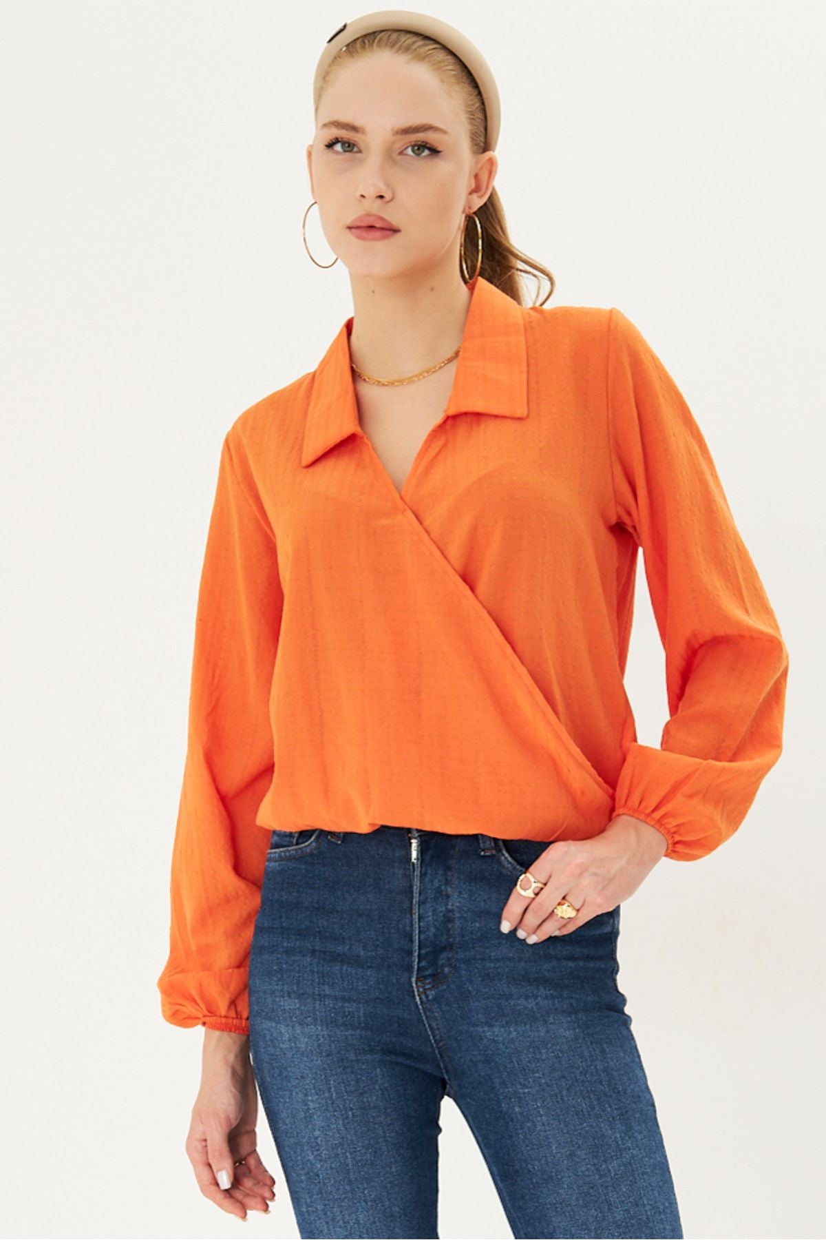 Women's Orange Band and Waist Rubble Cruve Blouse ARM-25K001041