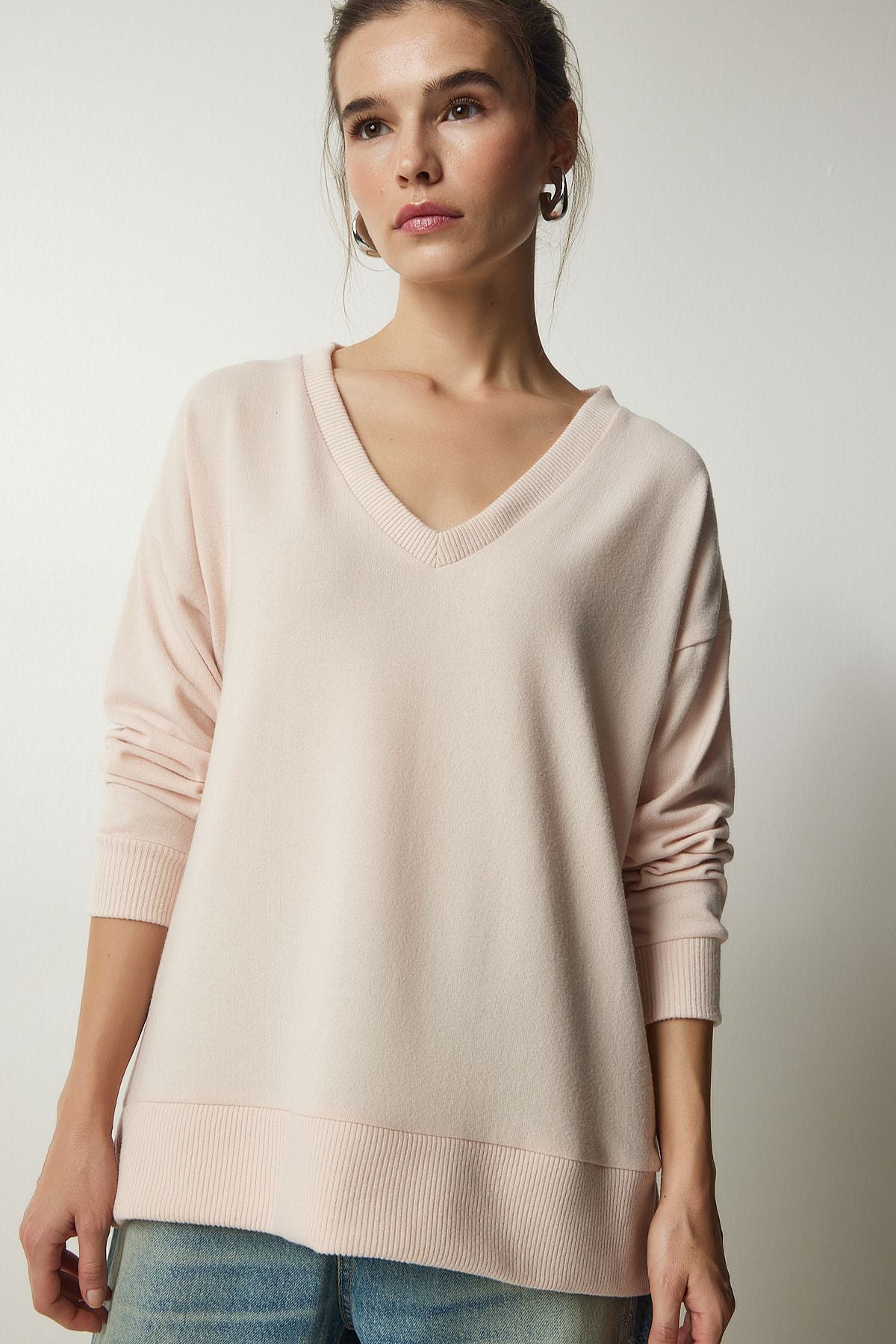 Women's Cream V neck Yumoş Knitting Sweater UB00197